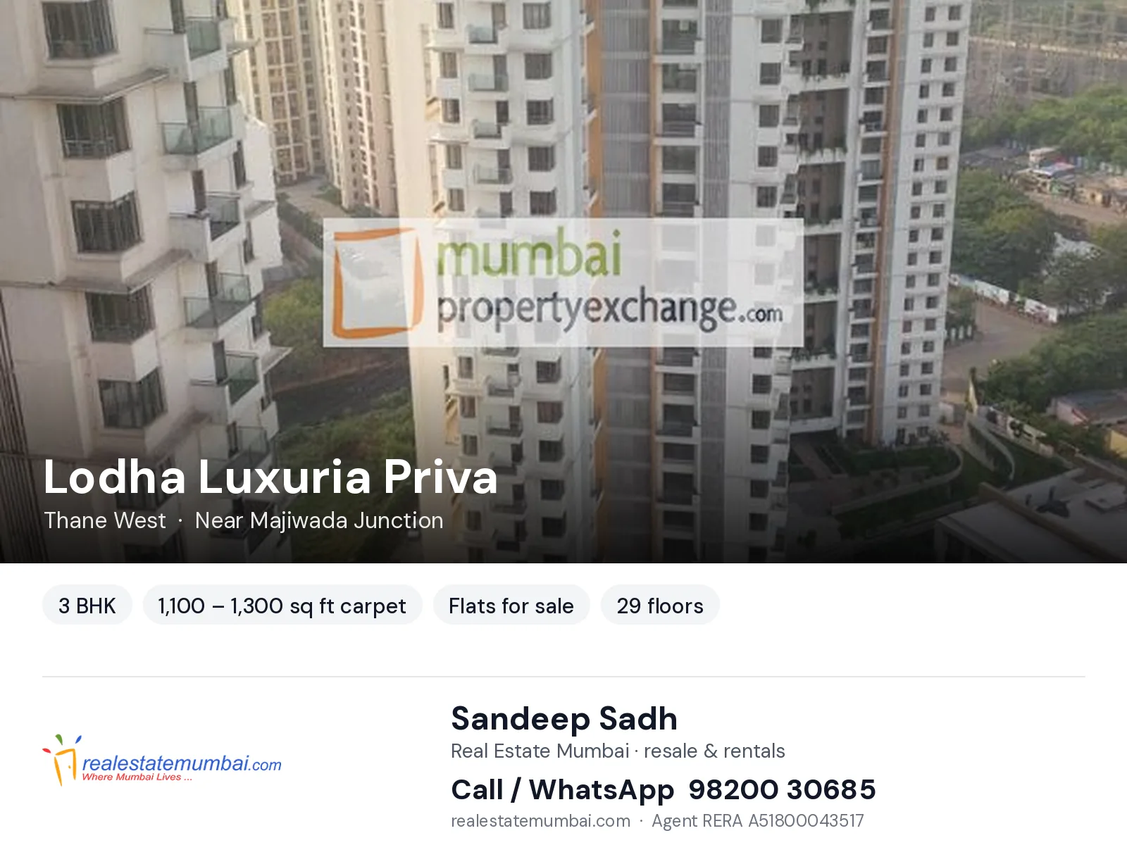Lodha Luxuria Priva, Thane West — 3 BHK flats for sale | Real Estate Mumbai, Sandeep Sadh 98200 30685
