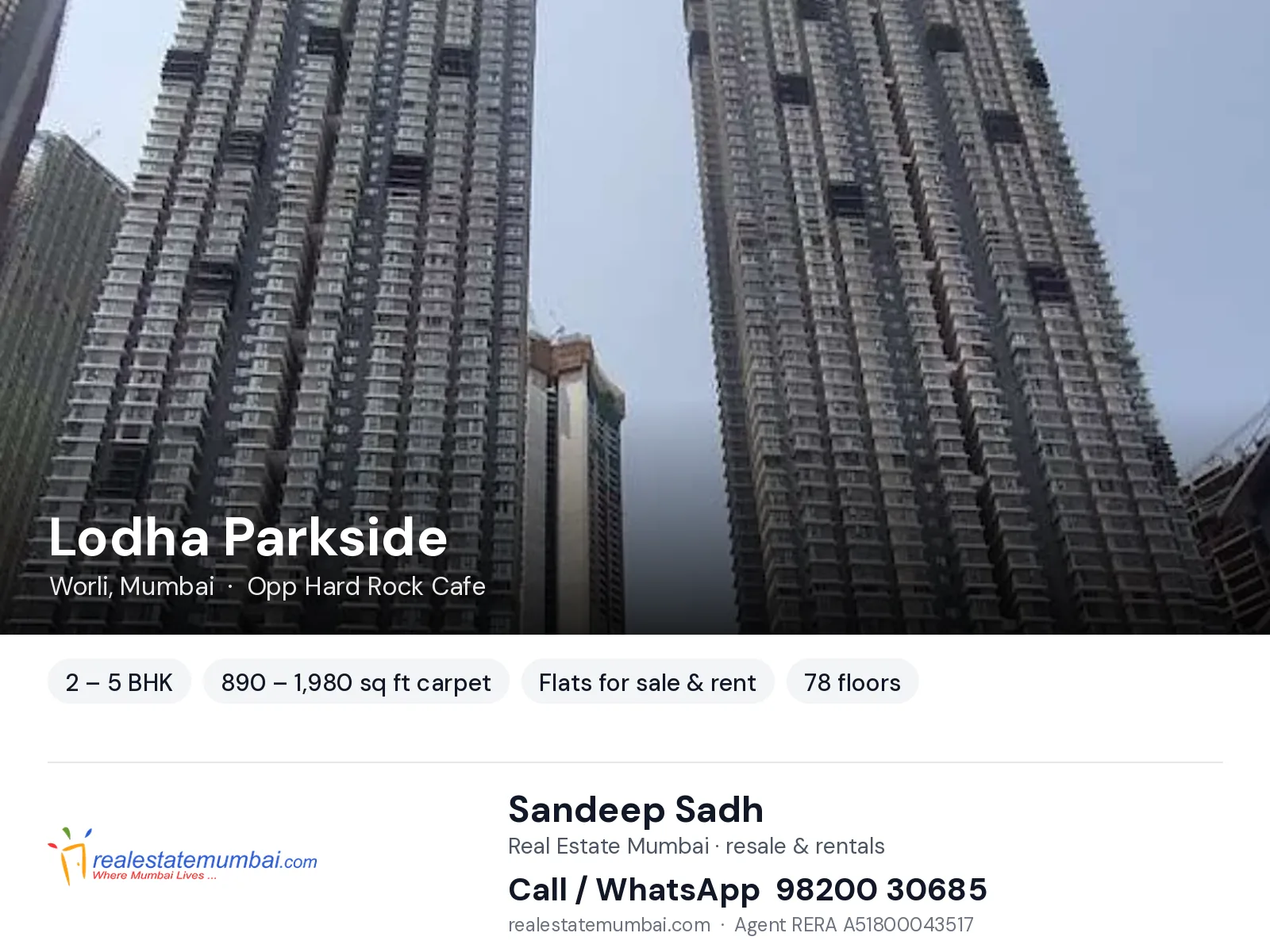 Lodha Parkside, Worli, Mumbai — 2 – 5 BHK flats for sale & rent | Real Estate Mumbai, Sandeep Sadh 98200 30685