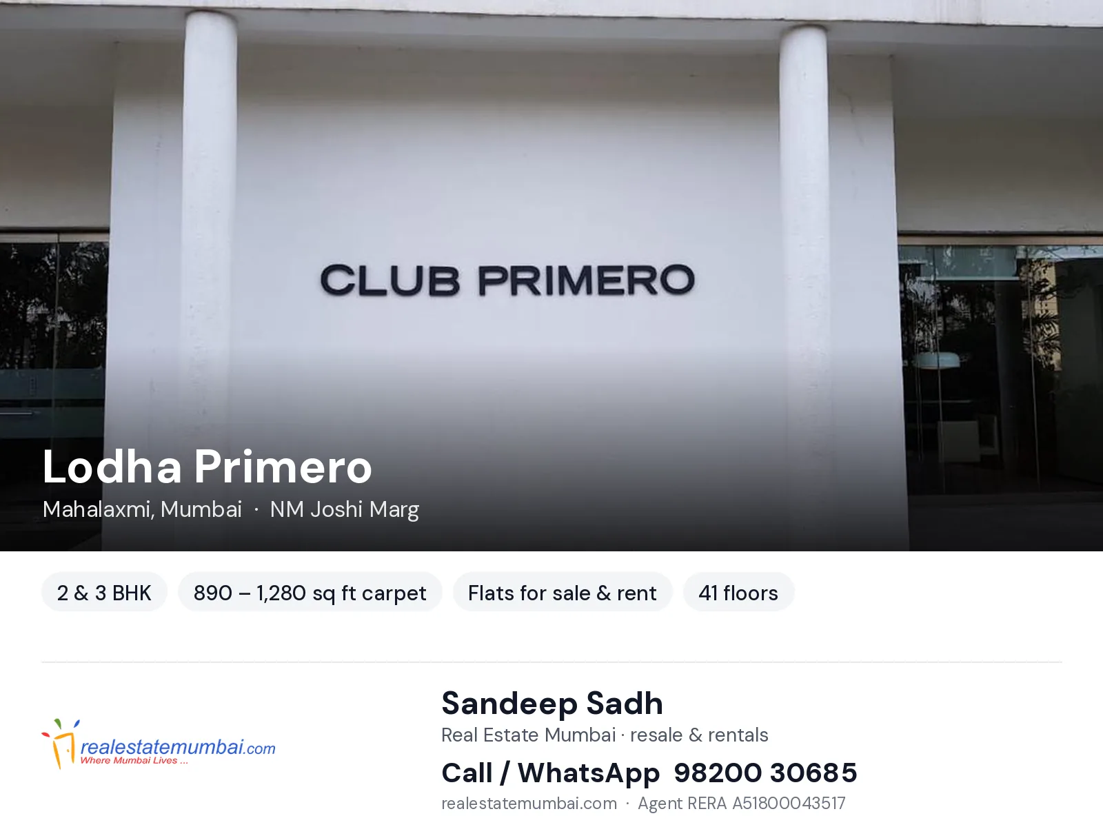 Lodha Primero, Mahalaxmi, Mumbai — 2 & 3 BHK flats for sale & rent | Real Estate Mumbai, Sandeep Sadh 98200 30685