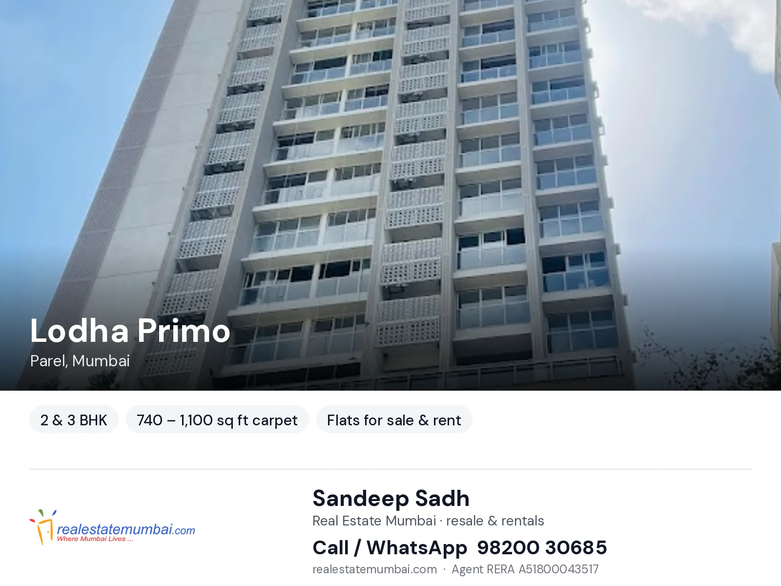 Lodha Primo, Parel, Mumbai — 2 & 3 BHK flats for sale & rent | Real Estate Mumbai, Sandeep Sadh 98200 30685