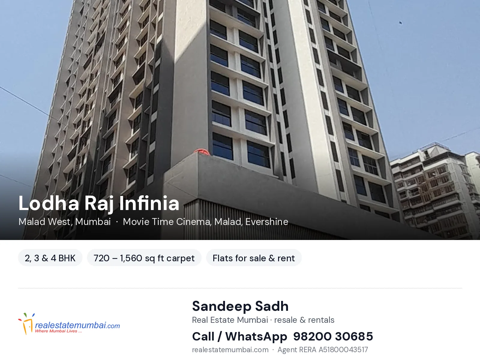 Lodha Raj Infinia, Malad West, Mumbai — 2, 3 & 4 BHK flats for sale & rent | Real Estate Mumbai, Sandeep Sadh 98200 30685