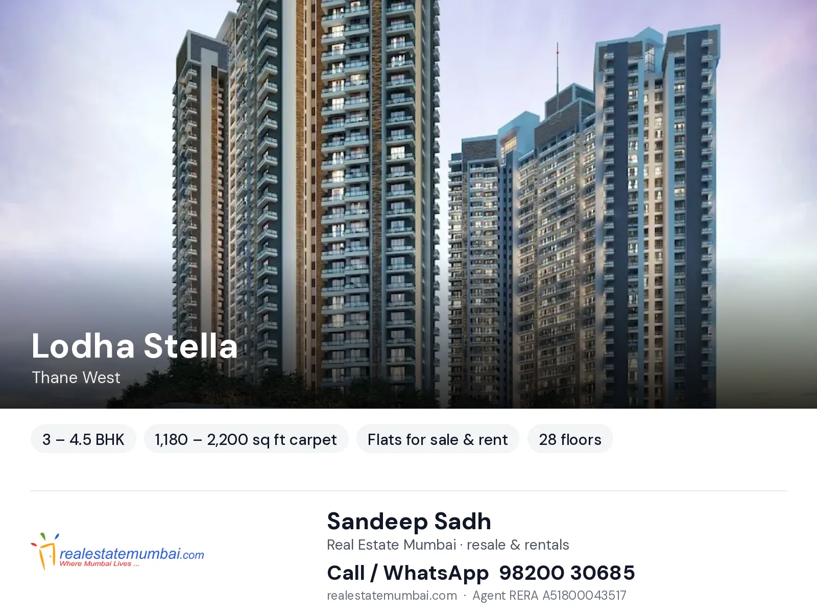 Lodha Stella, Thane West — 3 – 4.5 BHK flats for sale & rent | Real Estate Mumbai, Sandeep Sadh 98200 30685