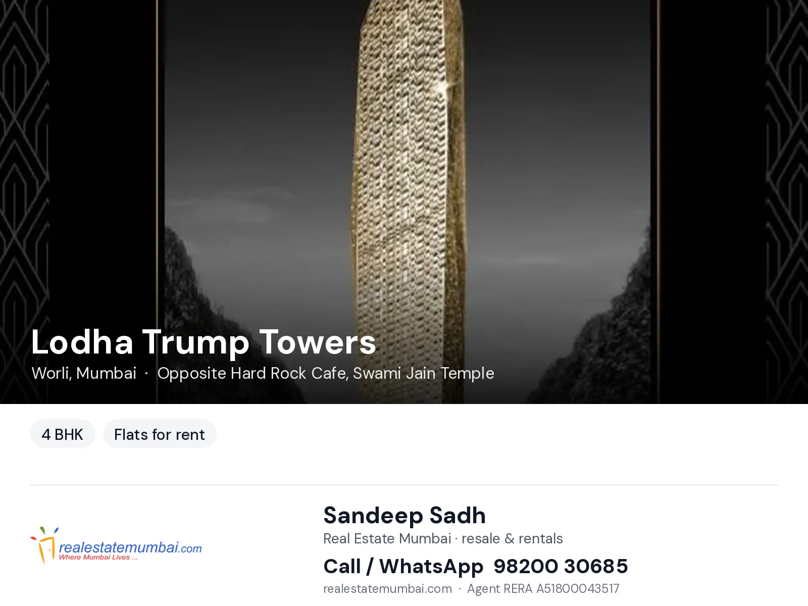 Lodha Trump Towers, Worli, Mumbai — 4 BHK flats for rent | Real Estate Mumbai, Sandeep Sadh 98200 30685