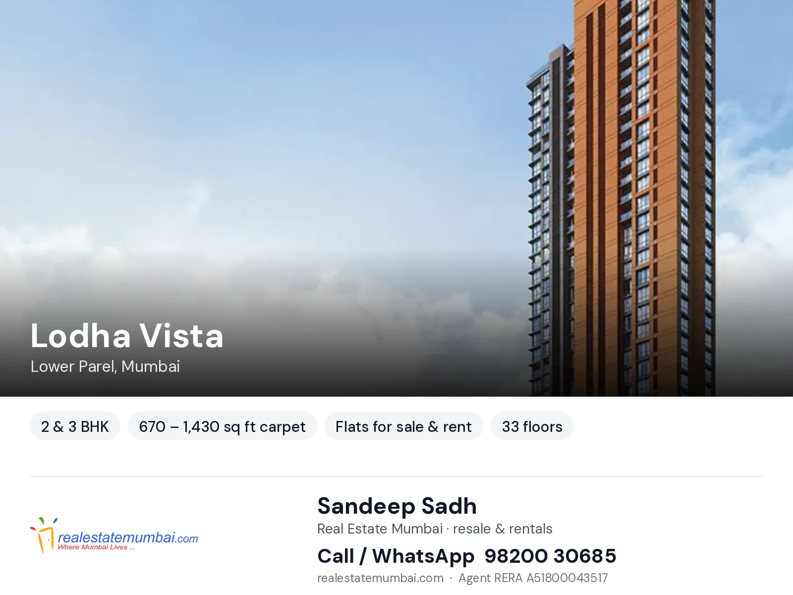 Lodha Vista, Lower Parel, Mumbai — 2 & 3 BHK flats for sale & rent | Real Estate Mumbai, Sandeep Sadh 98200 30685