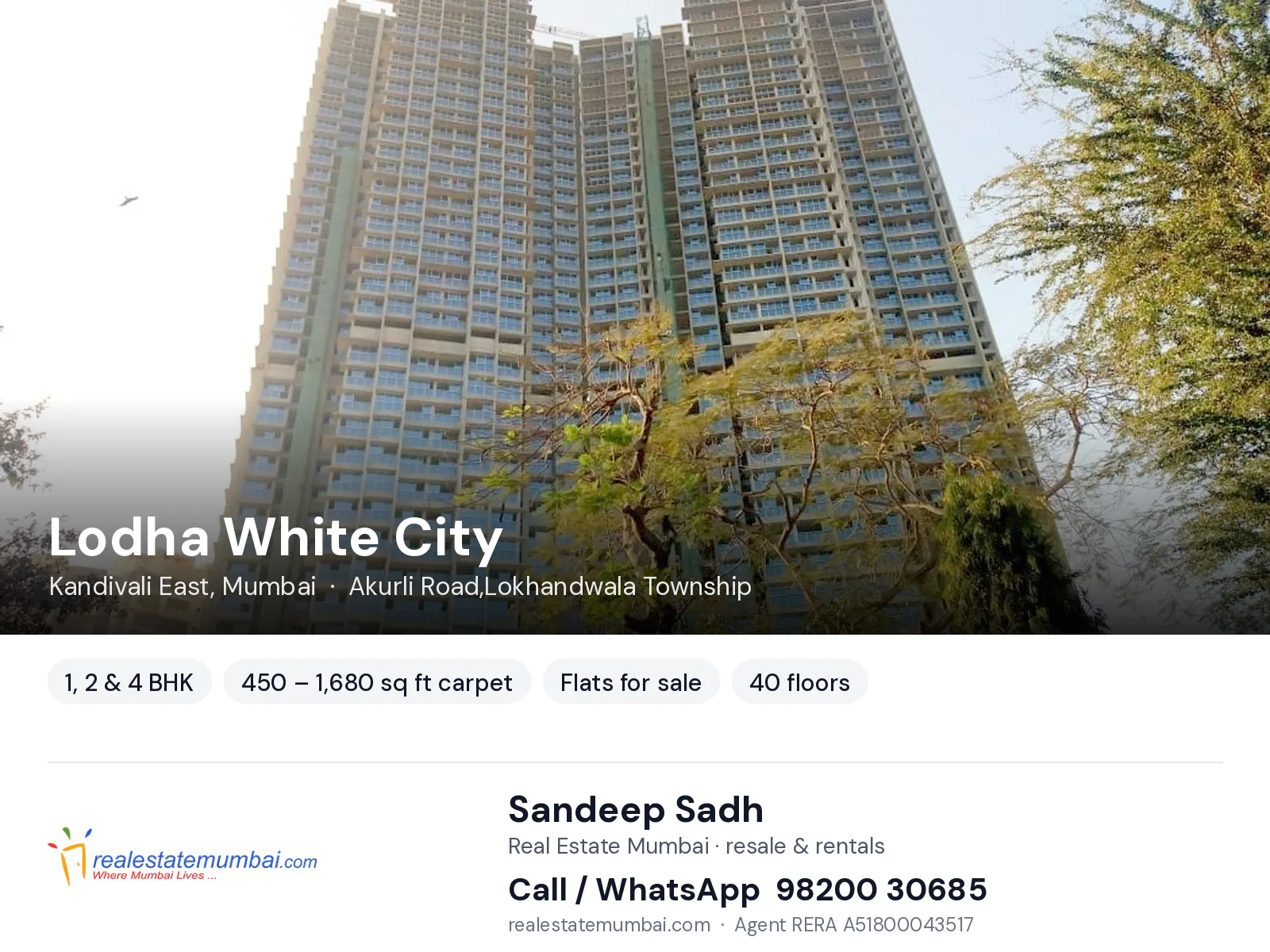 Lodha White City, Kandivali East, Mumbai — 1, 2 & 4 BHK flats for sale | Real Estate Mumbai, Sandeep Sadh 98200 30685