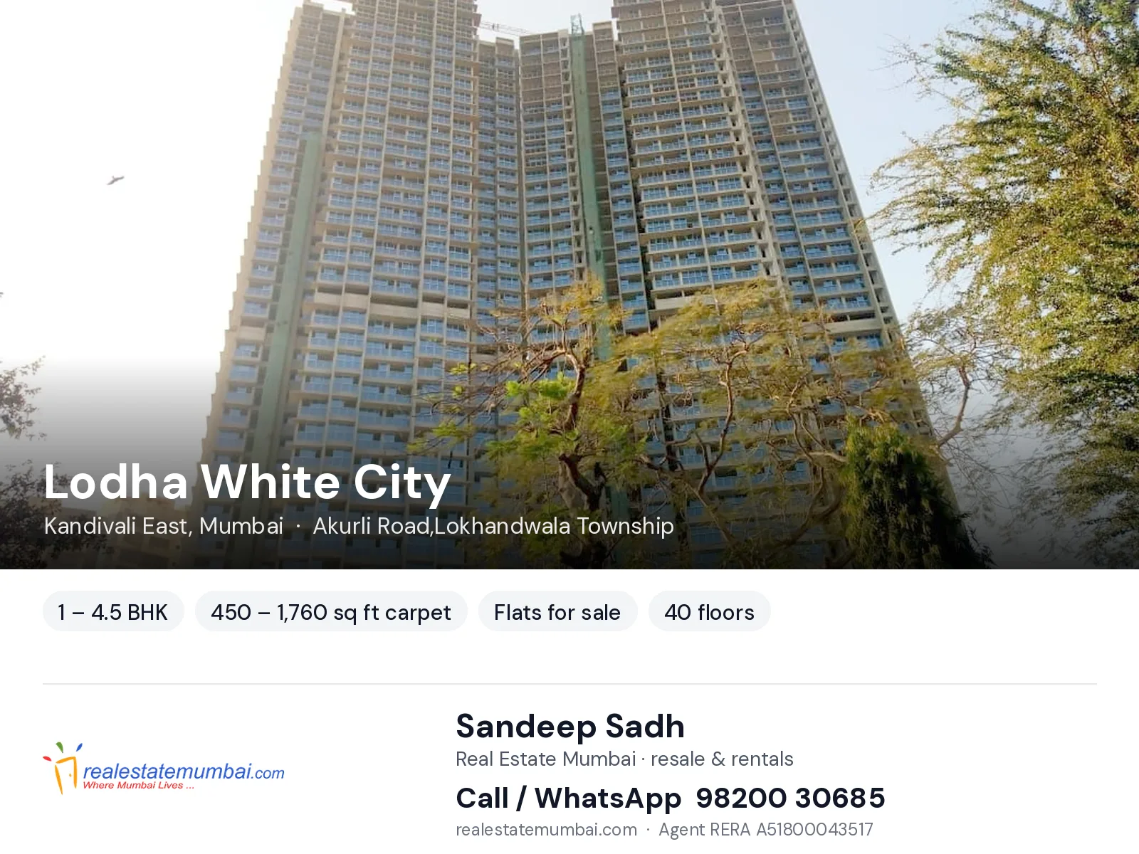 Lodha White City, Kandivali East, Mumbai — 1 – 4.5 BHK flats for sale | Real Estate Mumbai, Sandeep Sadh 98200 30685