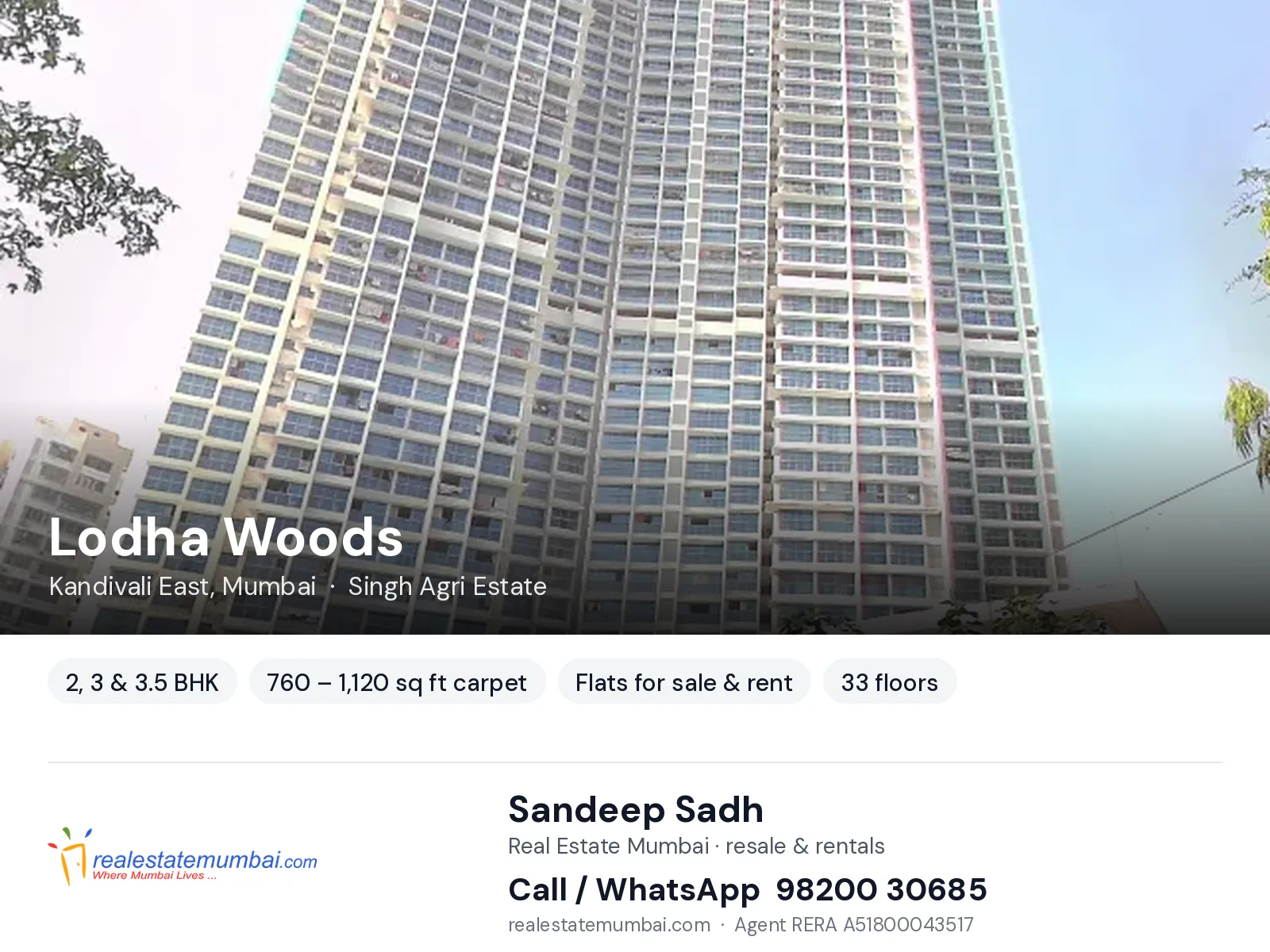 Lodha Woods, Kandivali East, Mumbai — 2, 3 & 3.5 BHK flats for sale & rent | Real Estate Mumbai, Sandeep Sadh 98200 30685