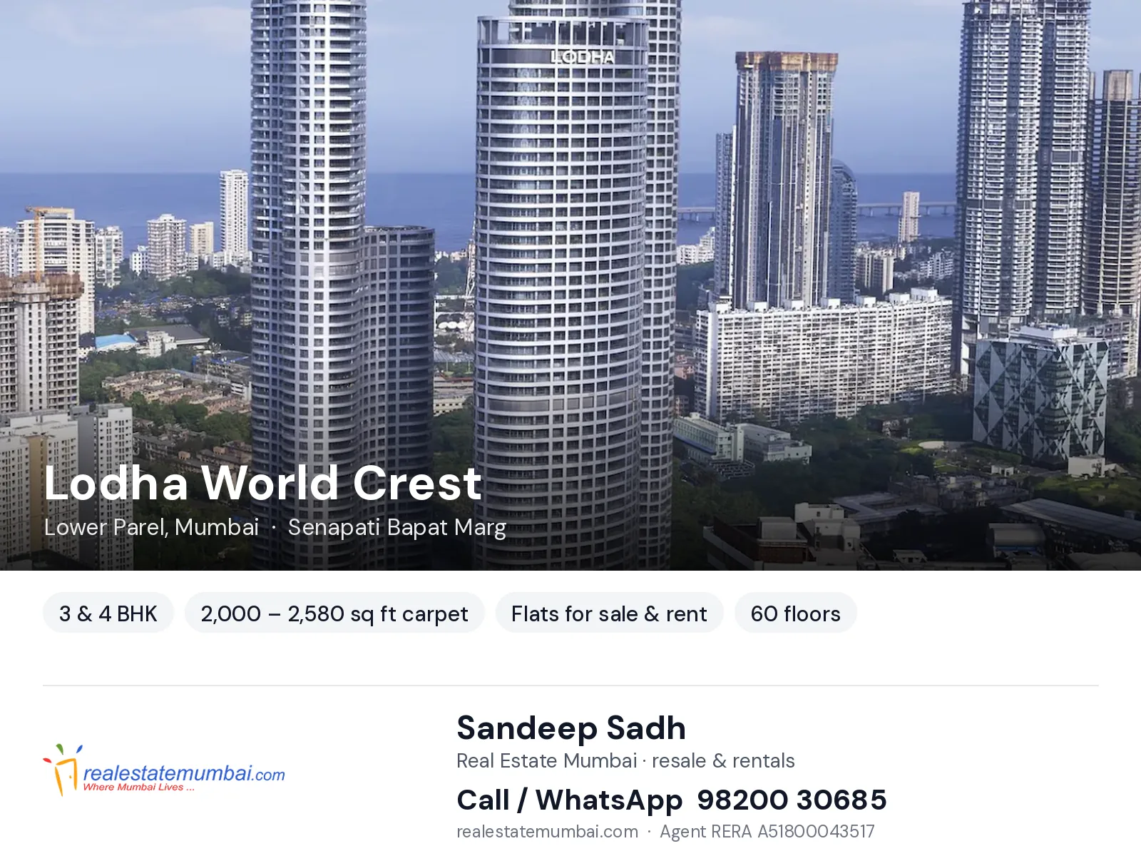 Lodha World Crest, Lower Parel, Mumbai — 3 & 4 BHK flats for sale & rent | Real Estate Mumbai, Sandeep Sadh 98200 30685