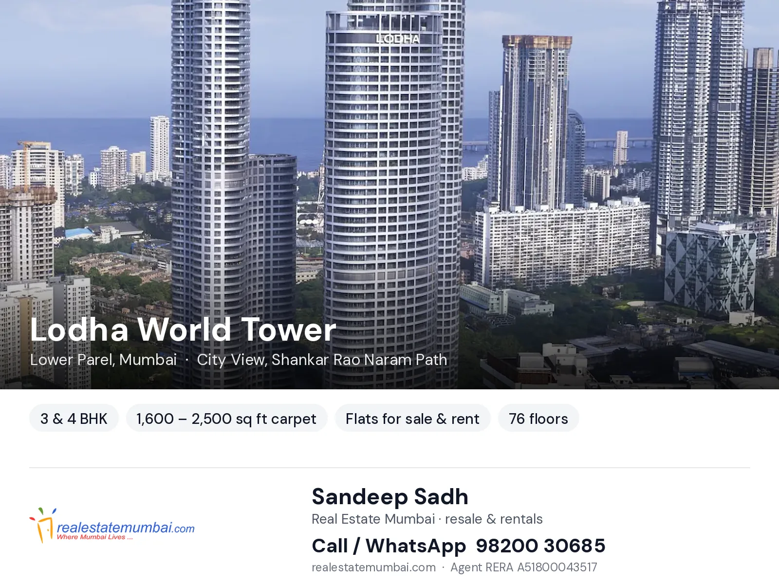 Lodha World Tower, Lower Parel, Mumbai — 3 & 4 BHK flats for sale & rent | Real Estate Mumbai, Sandeep Sadh 98200 30685