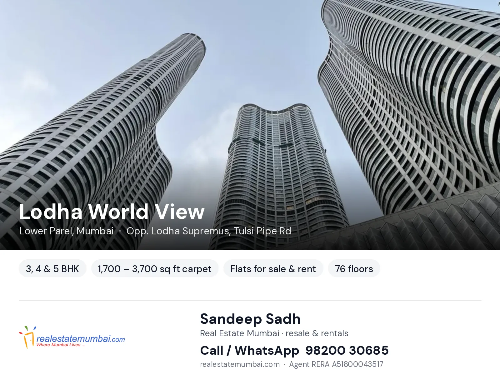 Lodha World View, Lower Parel, Mumbai — 3, 4 & 5 BHK flats for sale & rent | Real Estate Mumbai, Sandeep Sadh 98200 30685