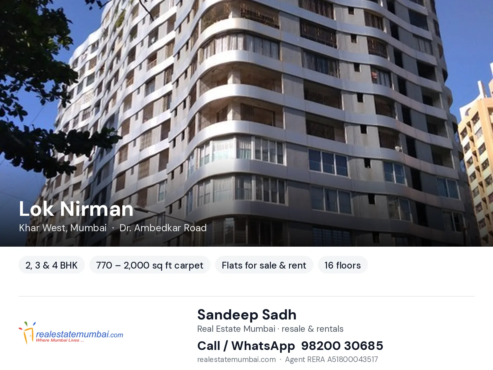 Lok Nirman, Khar West, Mumbai — 2, 3 & 4 BHK flats for sale & rent | Real Estate Mumbai, Sandeep Sadh 98200 30685