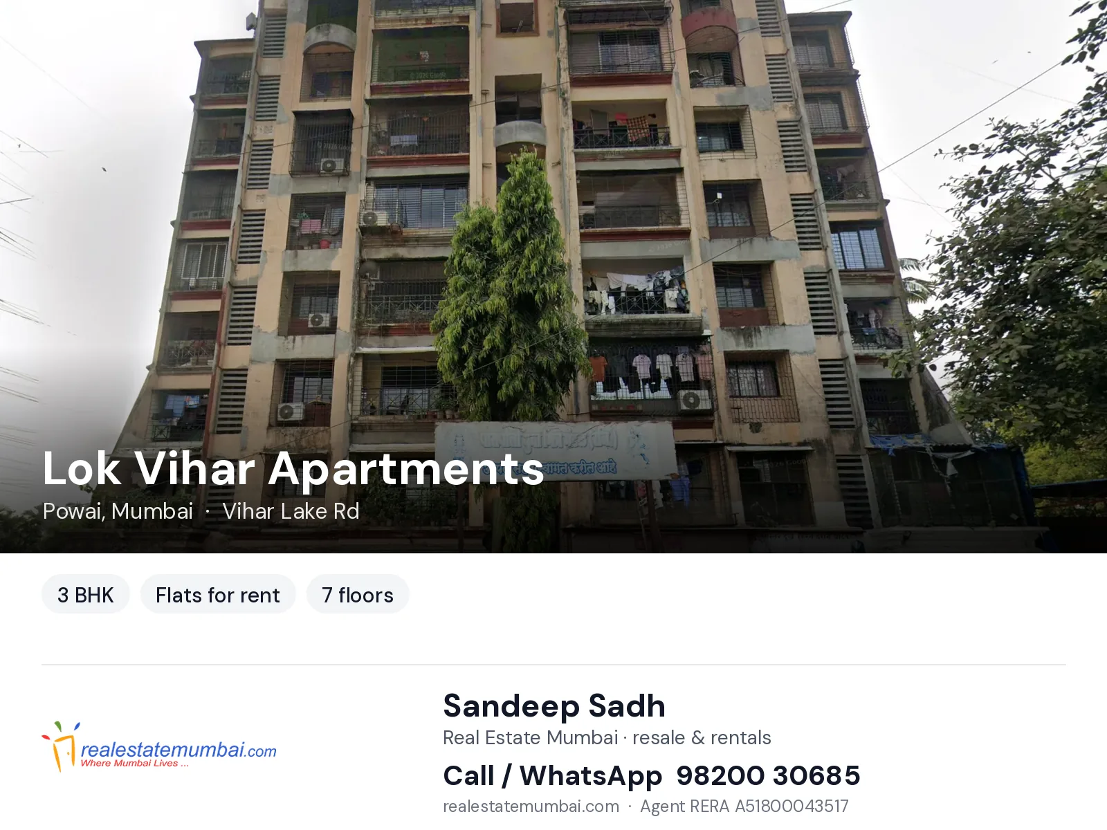 Lok Vihar Apartments, Powai, Mumbai — 3 BHK flats for rent | Real Estate Mumbai, Sandeep Sadh 98200 30685