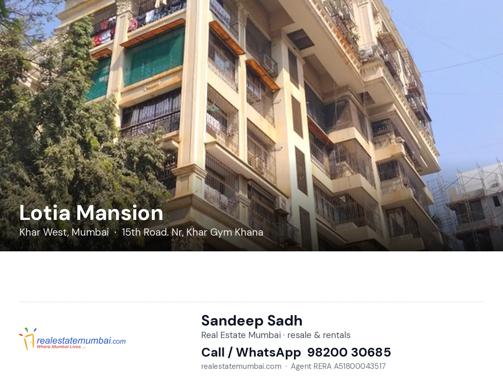 Lotia Mansion, Khar West, Mumbai — flats | Real Estate Mumbai, Sandeep Sadh 98200 30685
