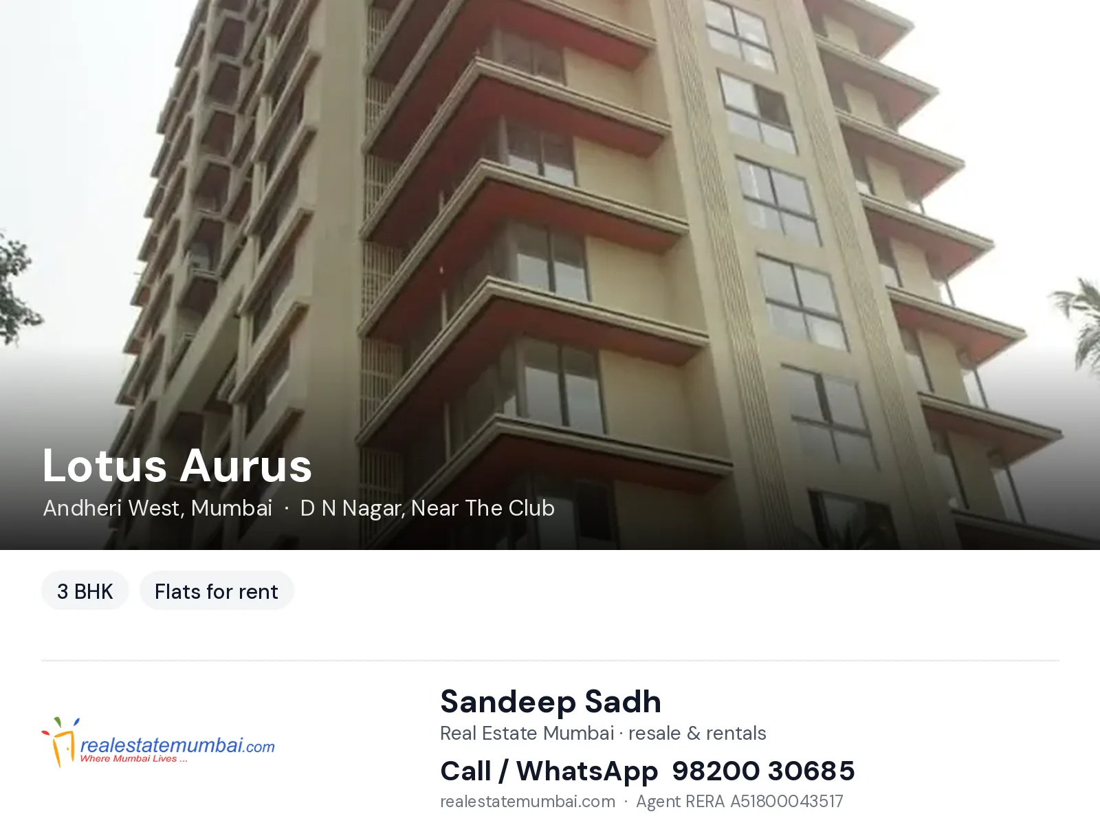 Lotus Aurus, Andheri West, Mumbai — 3 BHK flats for rent | Real Estate Mumbai, Sandeep Sadh 98200 30685