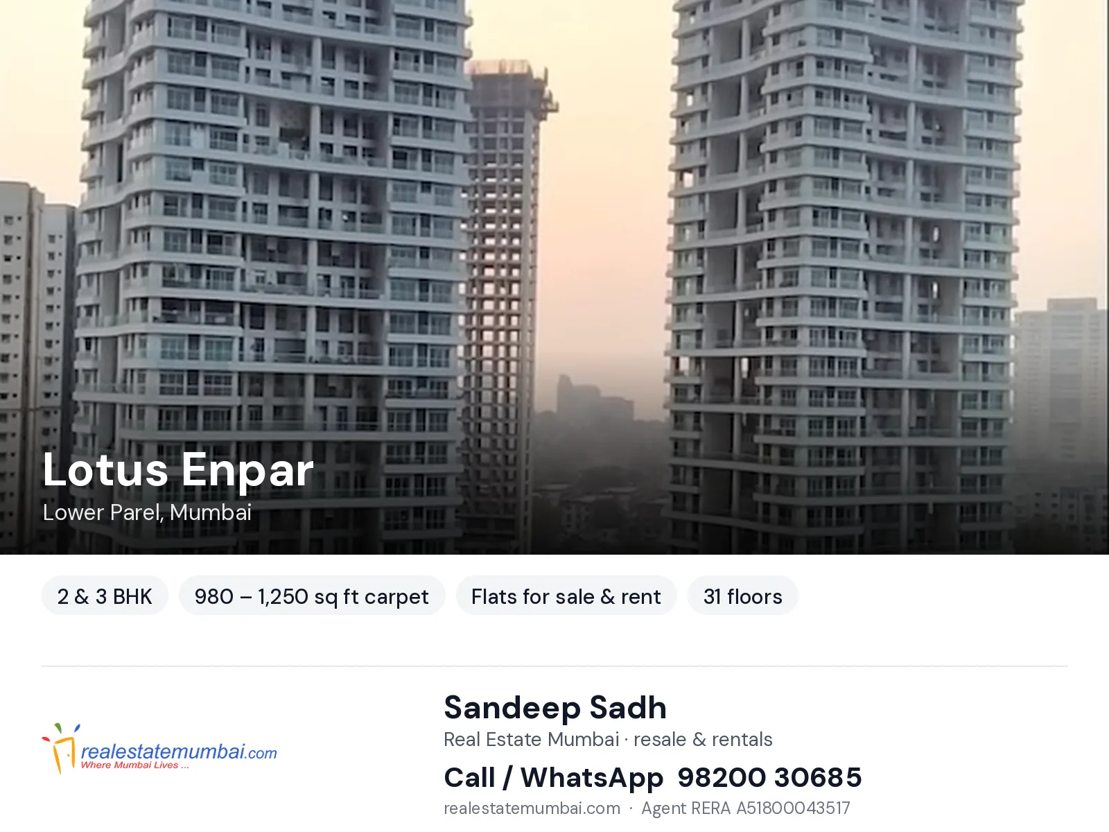 Lotus Enpar, Lower Parel, Mumbai — 2 & 3 BHK flats for sale & rent | Real Estate Mumbai, Sandeep Sadh 98200 30685