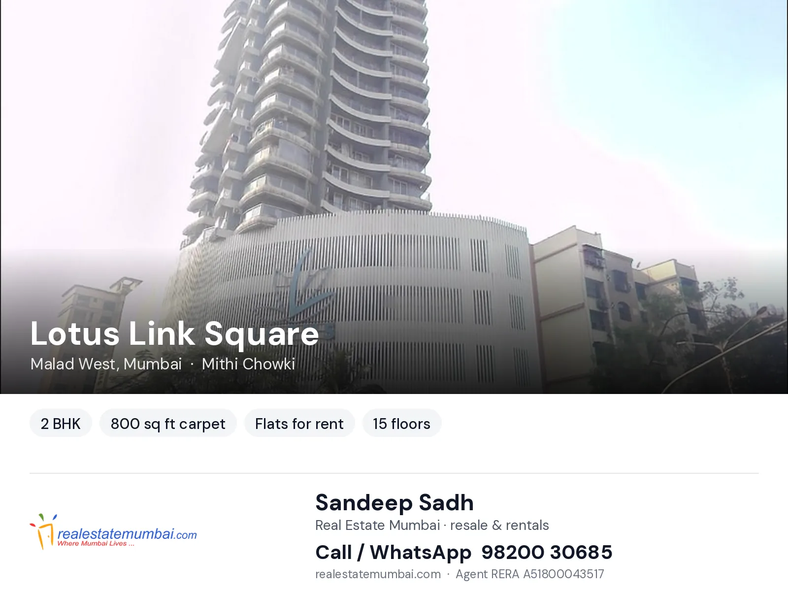 Lotus Link Square, Malad West, Mumbai — 2 BHK flats for rent | Real Estate Mumbai, Sandeep Sadh 98200 30685