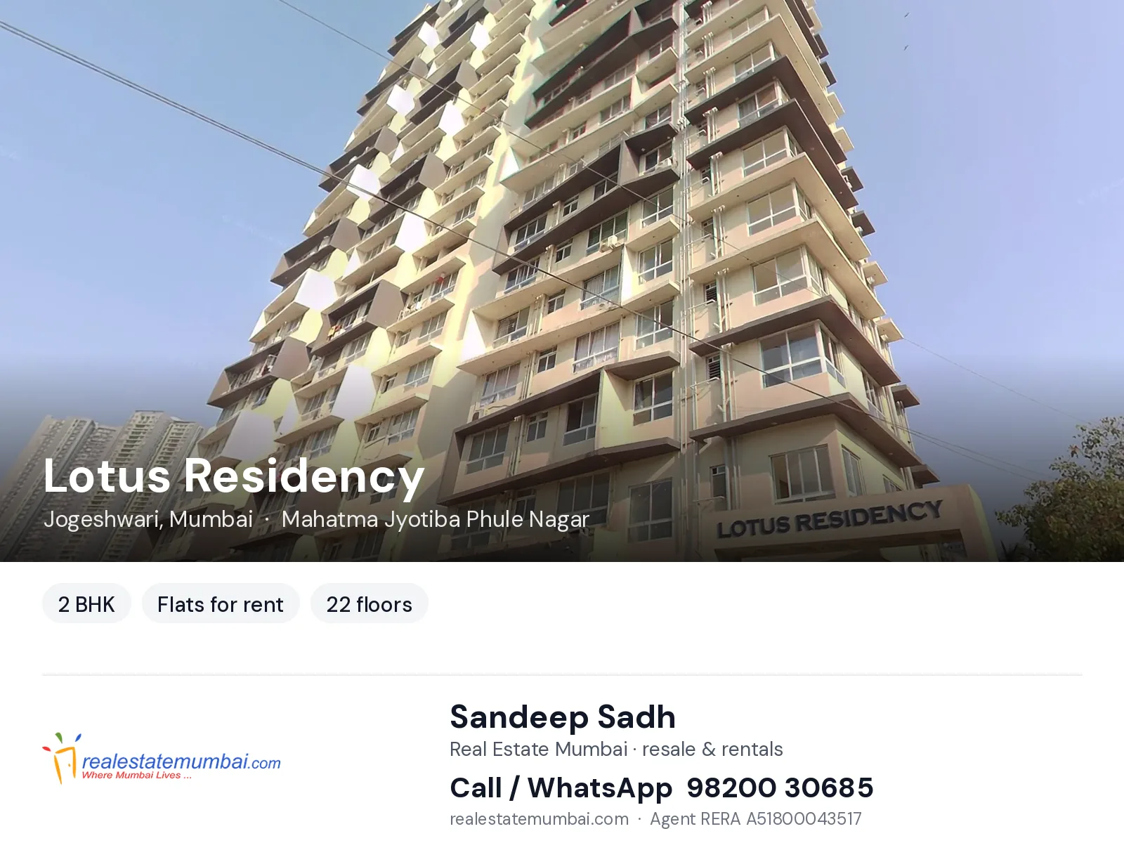 Lotus Residency, Jogeshwari, Mumbai — 2 BHK flats for rent | Real Estate Mumbai, Sandeep Sadh 98200 30685