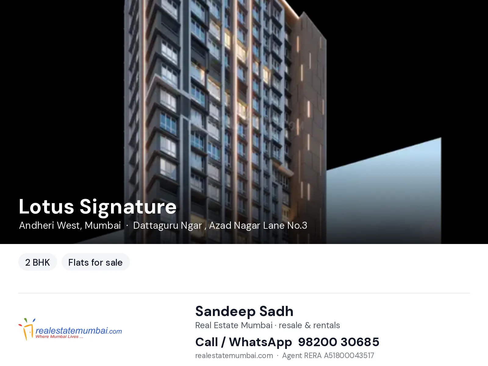 Lotus Signature, Andheri West, Mumbai — 2 BHK flats for sale | Real Estate Mumbai, Sandeep Sadh 98200 30685