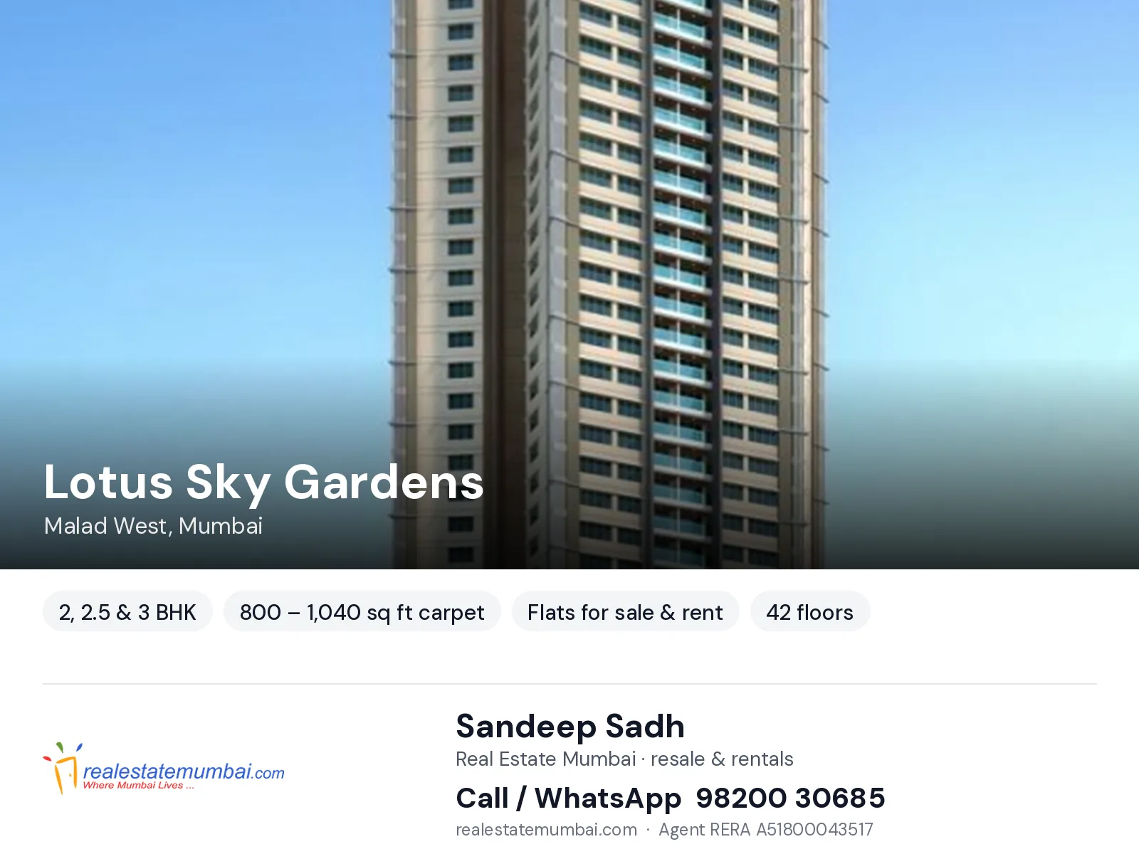 Lotus Sky Gardens, Malad West, Mumbai — 2, 2.5 & 3 BHK flats for sale & rent | Real Estate Mumbai, Sandeep Sadh 98200 30685