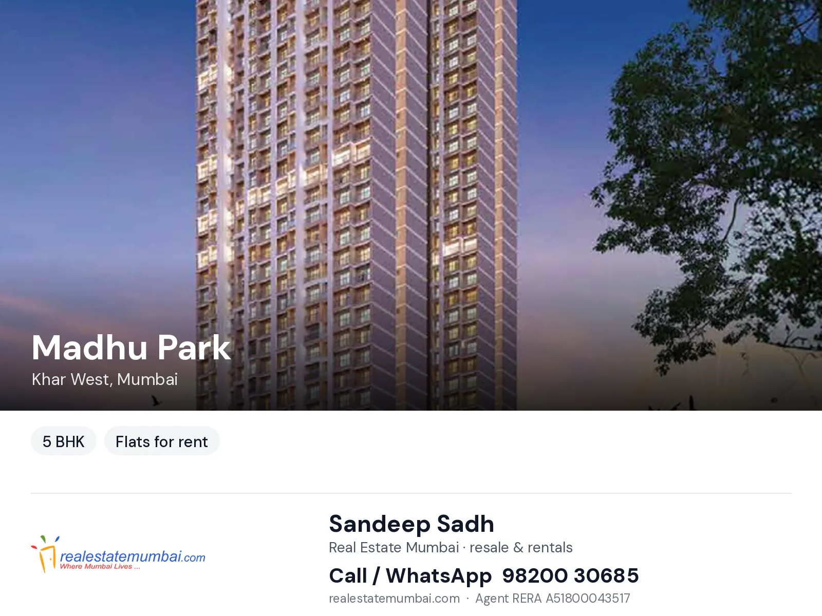 Madhu Park, Khar West, Mumbai — 5 BHK flats for rent | Real Estate Mumbai, Sandeep Sadh 98200 30685