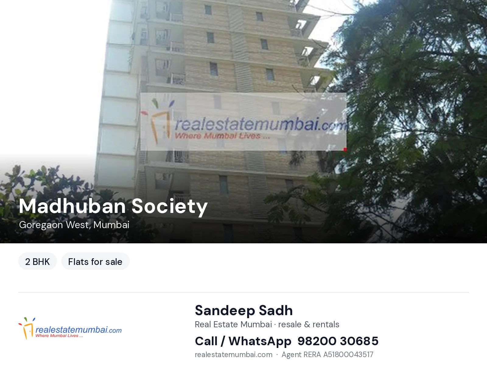 Madhuban Society, Goregaon West, Mumbai — 2 BHK flats for sale | Real Estate Mumbai, Sandeep Sadh 98200 30685