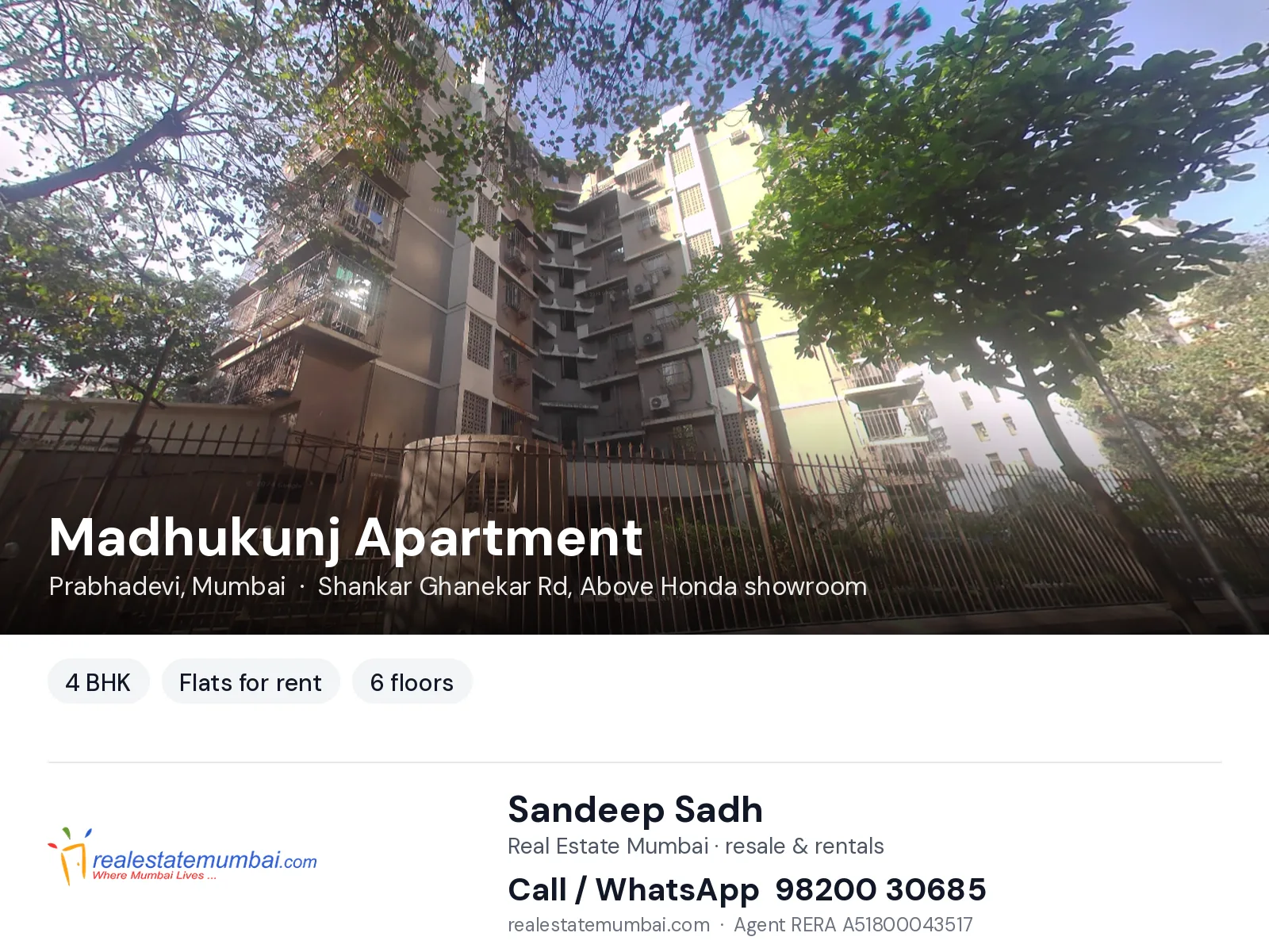 Madhukunj Apartment, Prabhadevi, Mumbai — 4 BHK flats for rent | Real Estate Mumbai, Sandeep Sadh 98200 30685