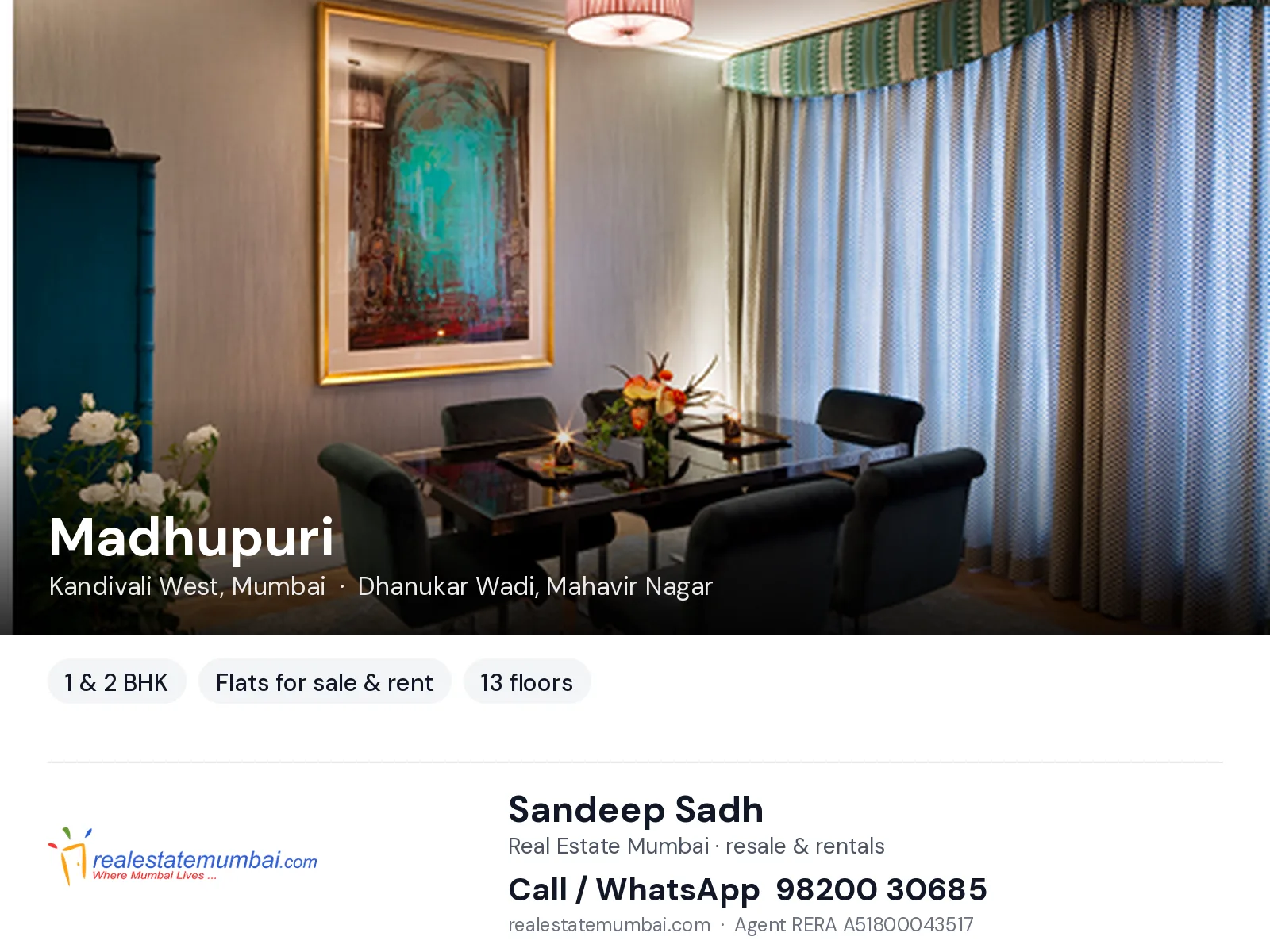 Madhupuri, Kandivali West, Mumbai — 1 & 2 BHK flats for sale & rent | Real Estate Mumbai, Sandeep Sadh 98200 30685