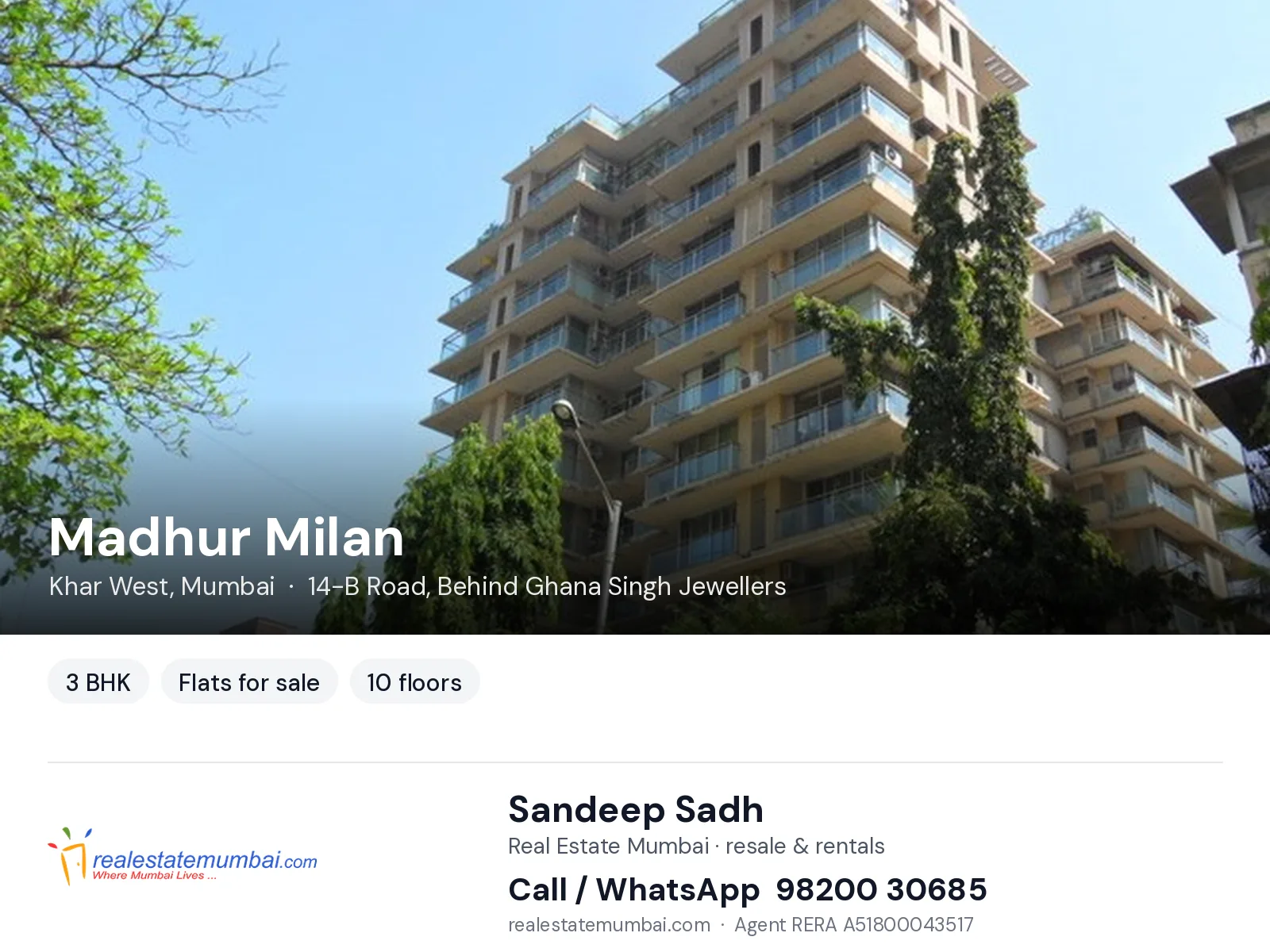 Madhur Milan, Khar West, Mumbai — 3 BHK flats for sale | Real Estate Mumbai, Sandeep Sadh 98200 30685