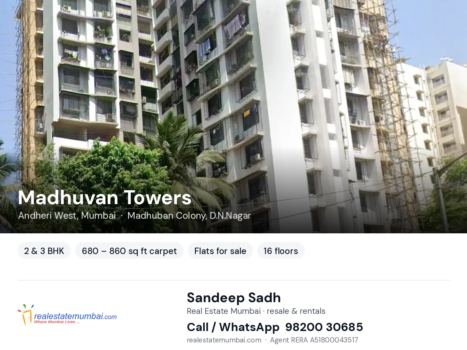 Madhuvan Towers, Andheri West, Mumbai — 2 & 3 BHK flats for sale | Real Estate Mumbai, Sandeep Sadh 98200 30685