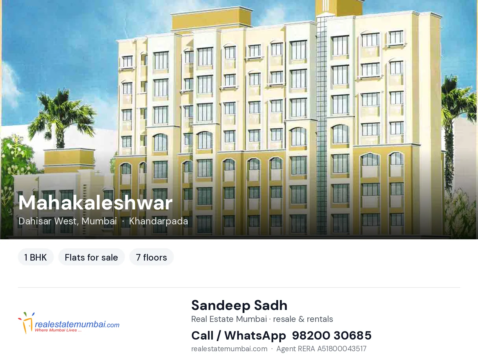 Mahakaleshwar, Dahisar West, Mumbai — 1 BHK flats for sale | Real Estate Mumbai, Sandeep Sadh 98200 30685