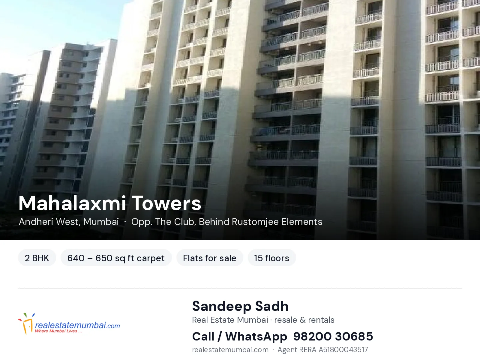 Mahalaxmi Towers, Andheri West, Mumbai — 2 BHK flats for sale | Real Estate Mumbai, Sandeep Sadh 98200 30685