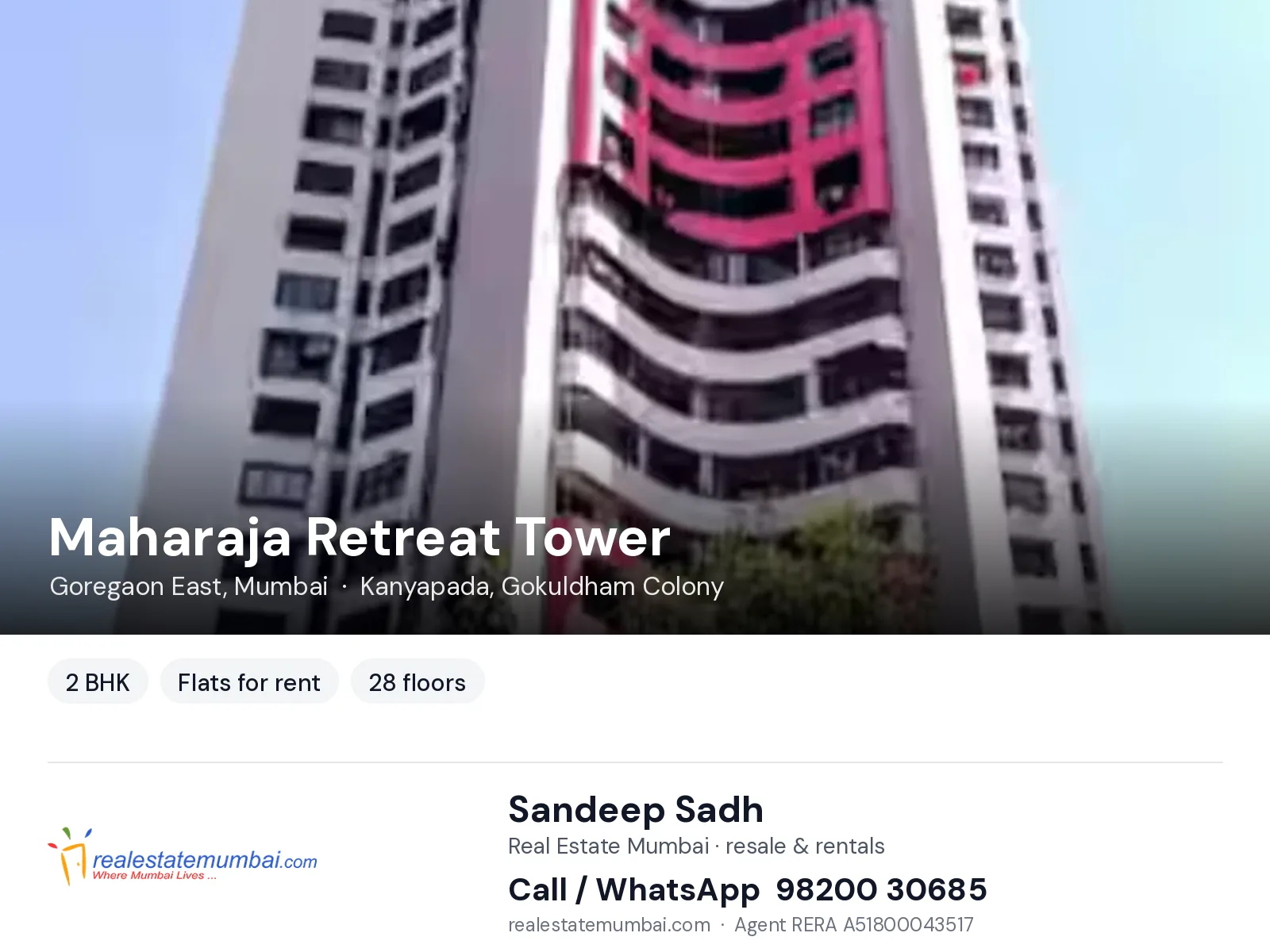 Maharaja Retreat Tower, Goregaon East, Mumbai — 2 BHK flats for rent | Real Estate Mumbai, Sandeep Sadh 98200 30685