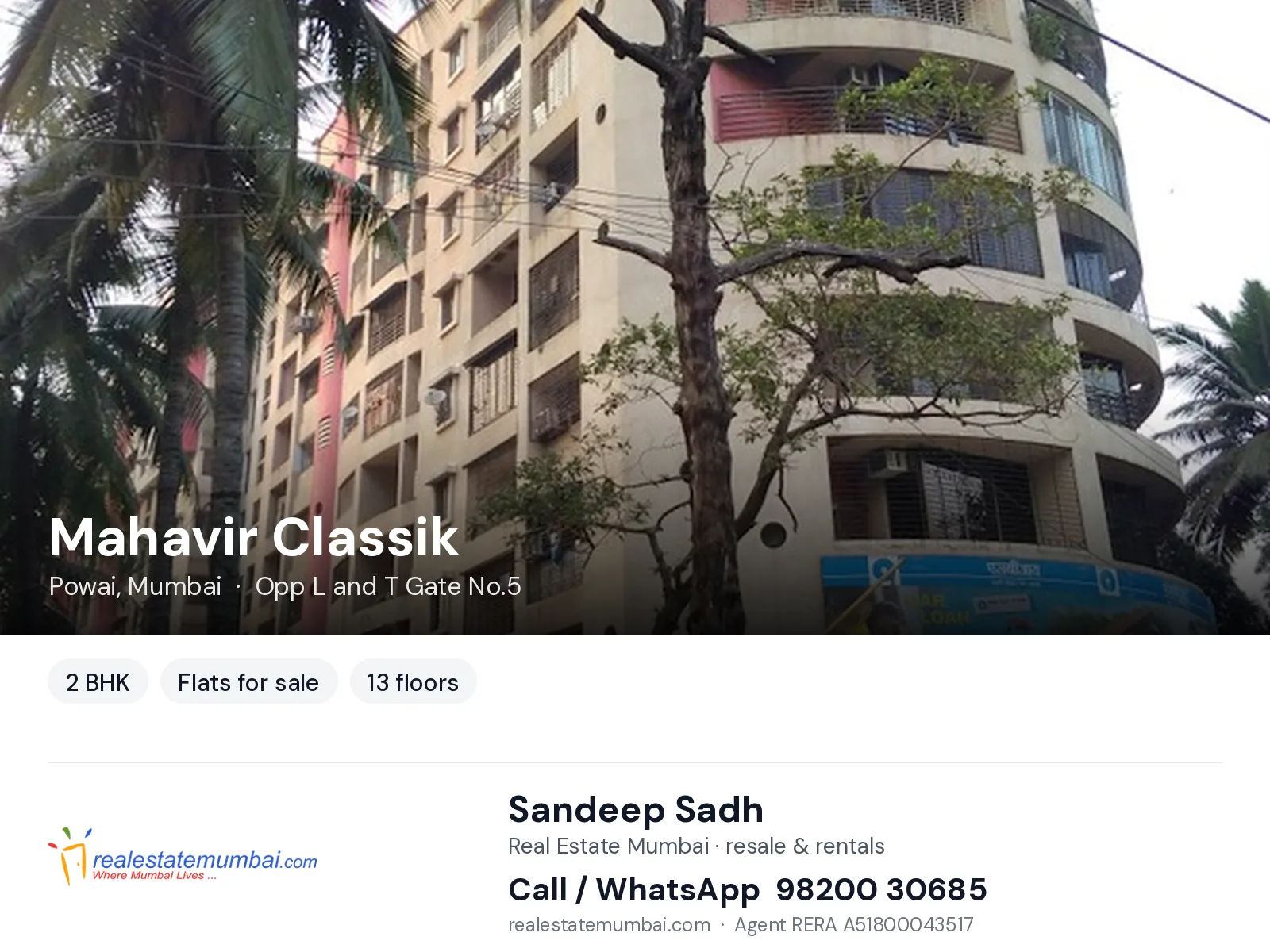 Mahavir Classik, Powai, Mumbai — 2 BHK flats for sale | Real Estate Mumbai, Sandeep Sadh 98200 30685