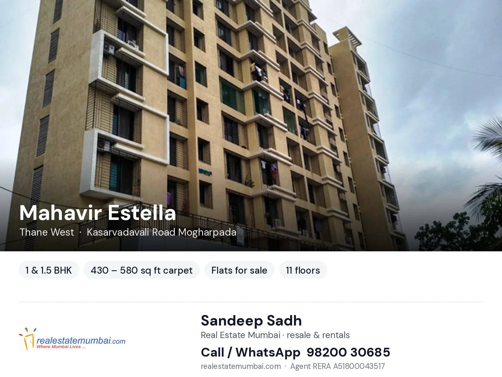 Mahavir Estella, Thane West — 1 & 1.5 BHK flats for sale | Real Estate Mumbai, Sandeep Sadh 98200 30685