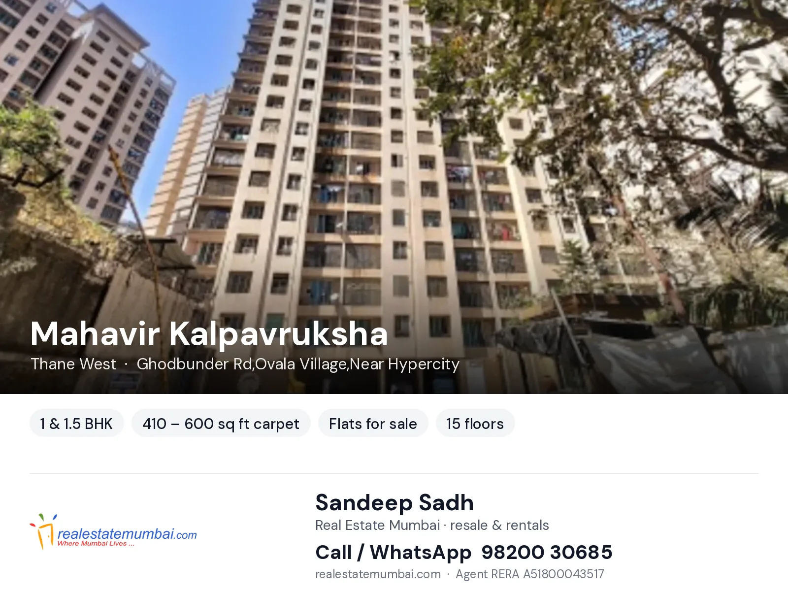 Mahavir Kalpavruksha, Thane West — 1 & 1.5 BHK flats for sale | Real Estate Mumbai, Sandeep Sadh 98200 30685