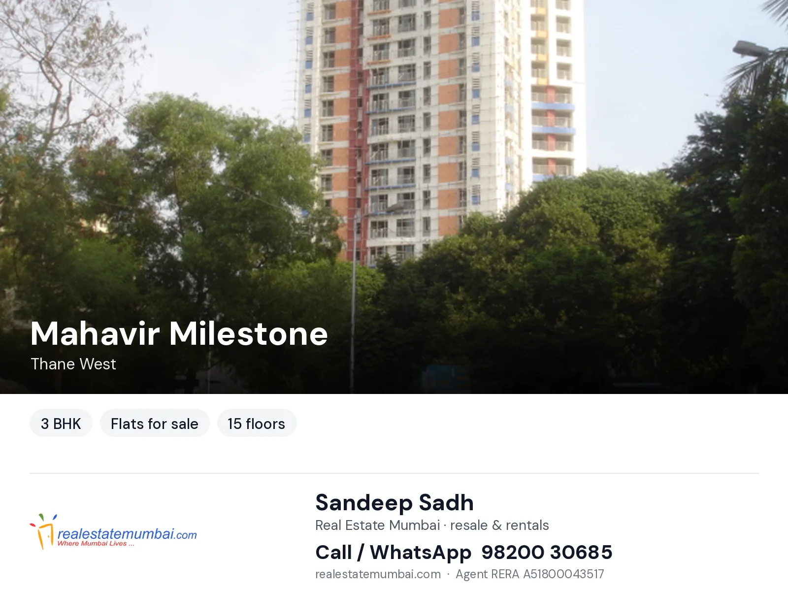 Mahavir Milestone, Thane West — 3 BHK flats for sale | Real Estate Mumbai, Sandeep Sadh 98200 30685