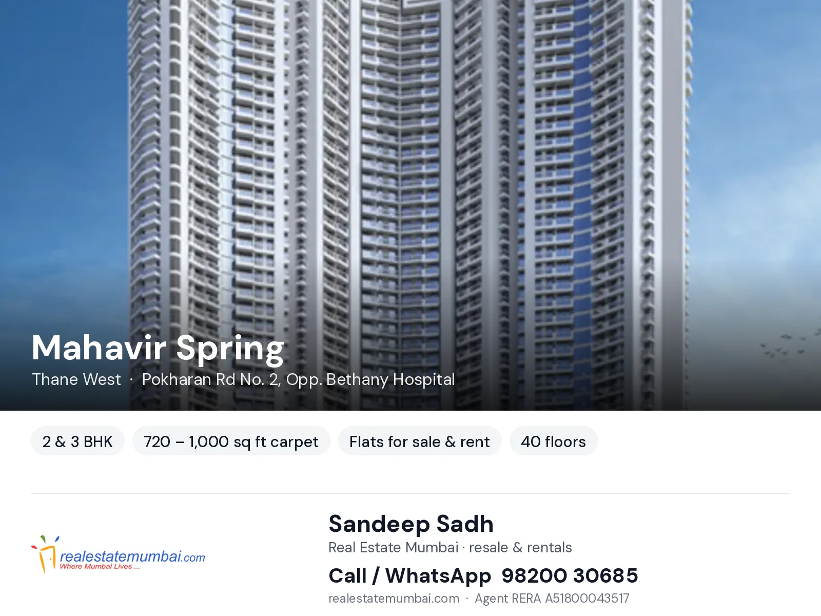 Mahavir Spring, Thane West — 2 & 3 BHK flats for sale & rent | Real Estate Mumbai, Sandeep Sadh 98200 30685