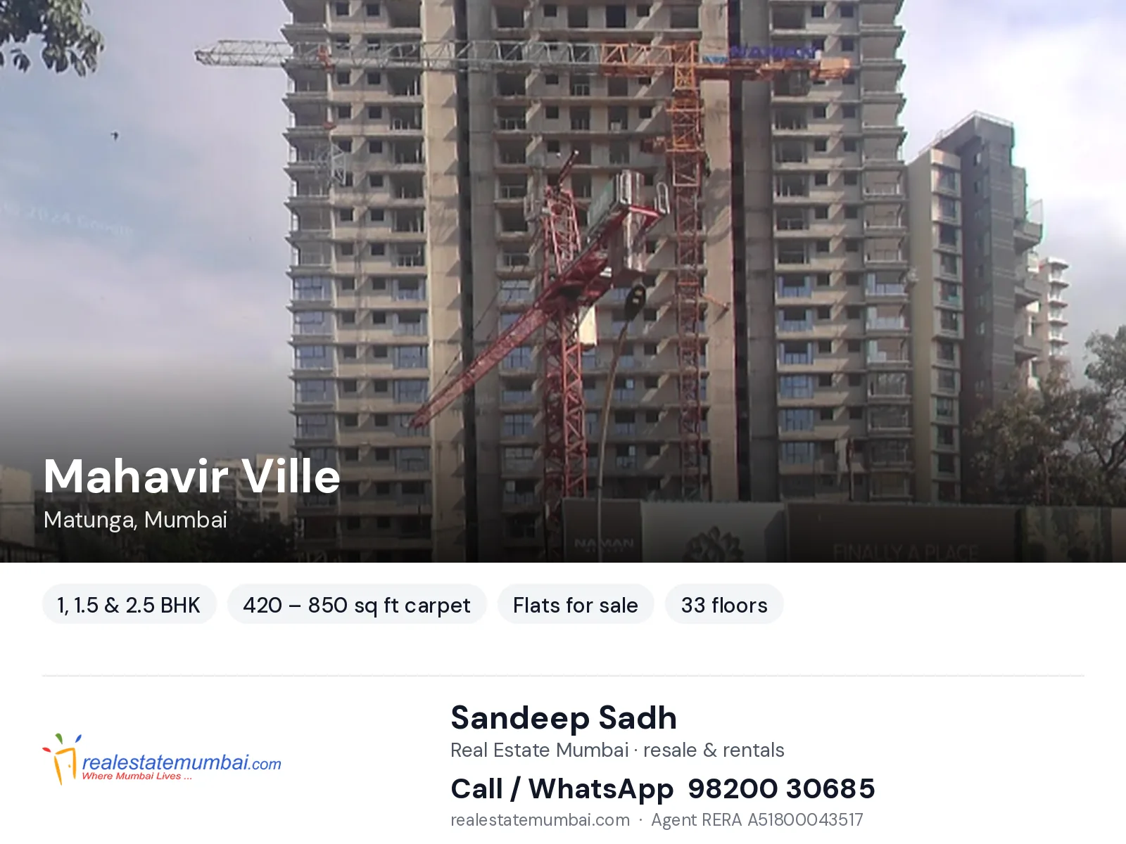 Mahavir Ville, Matunga, Mumbai — 1, 1.5 & 2.5 BHK flats for sale | Real Estate Mumbai, Sandeep Sadh 98200 30685