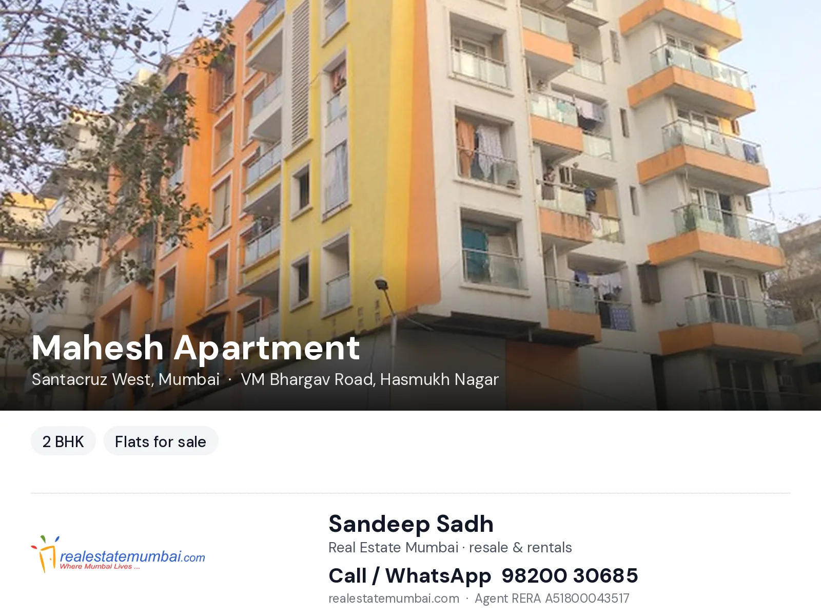 Mahesh Apartment, Santacruz West, Mumbai — 2 BHK flats for sale | Real Estate Mumbai, Sandeep Sadh 98200 30685