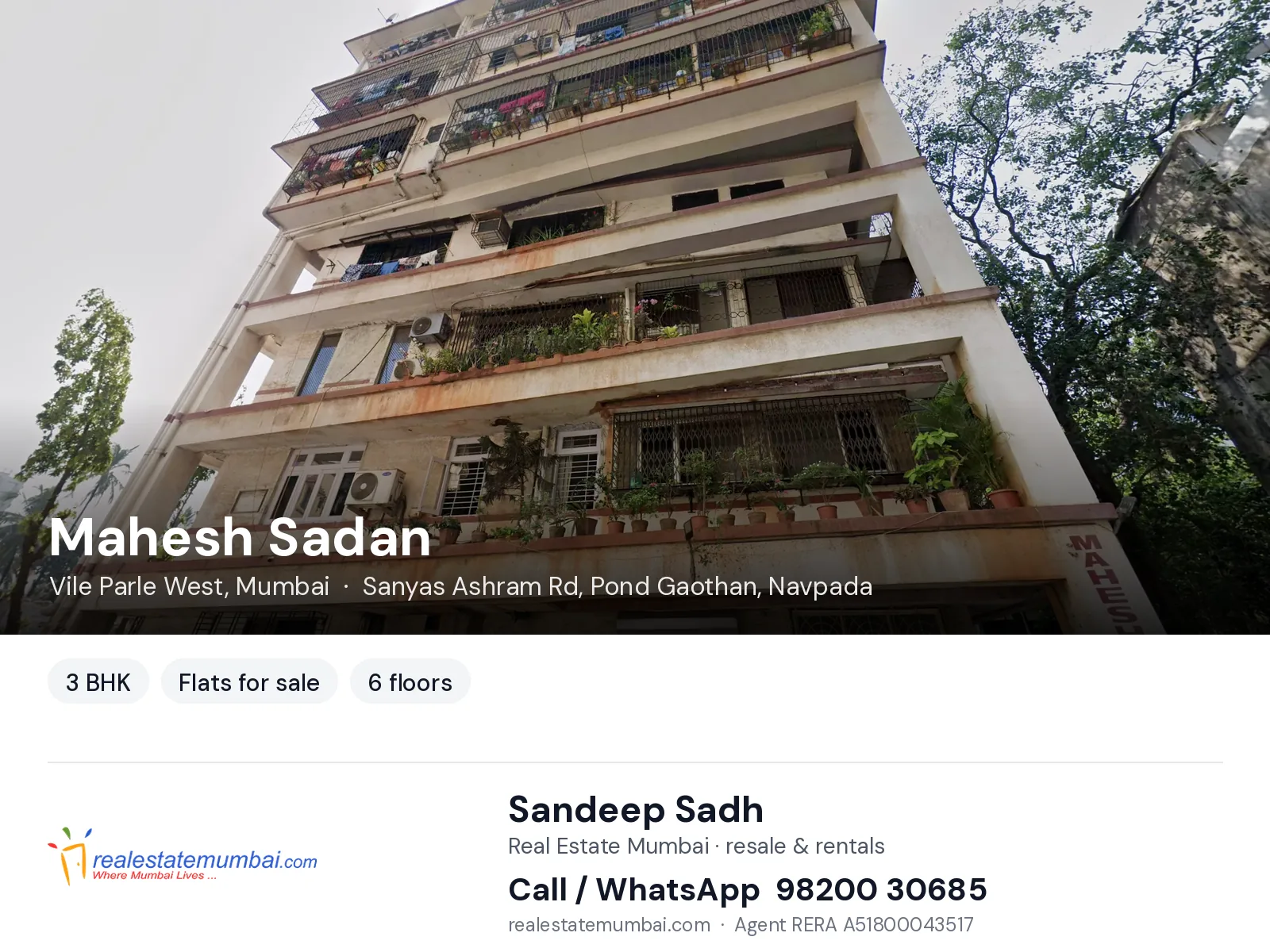 Mahesh Sadan, Vile Parle West, Mumbai — 3 BHK flats for sale | Real Estate Mumbai, Sandeep Sadh 98200 30685