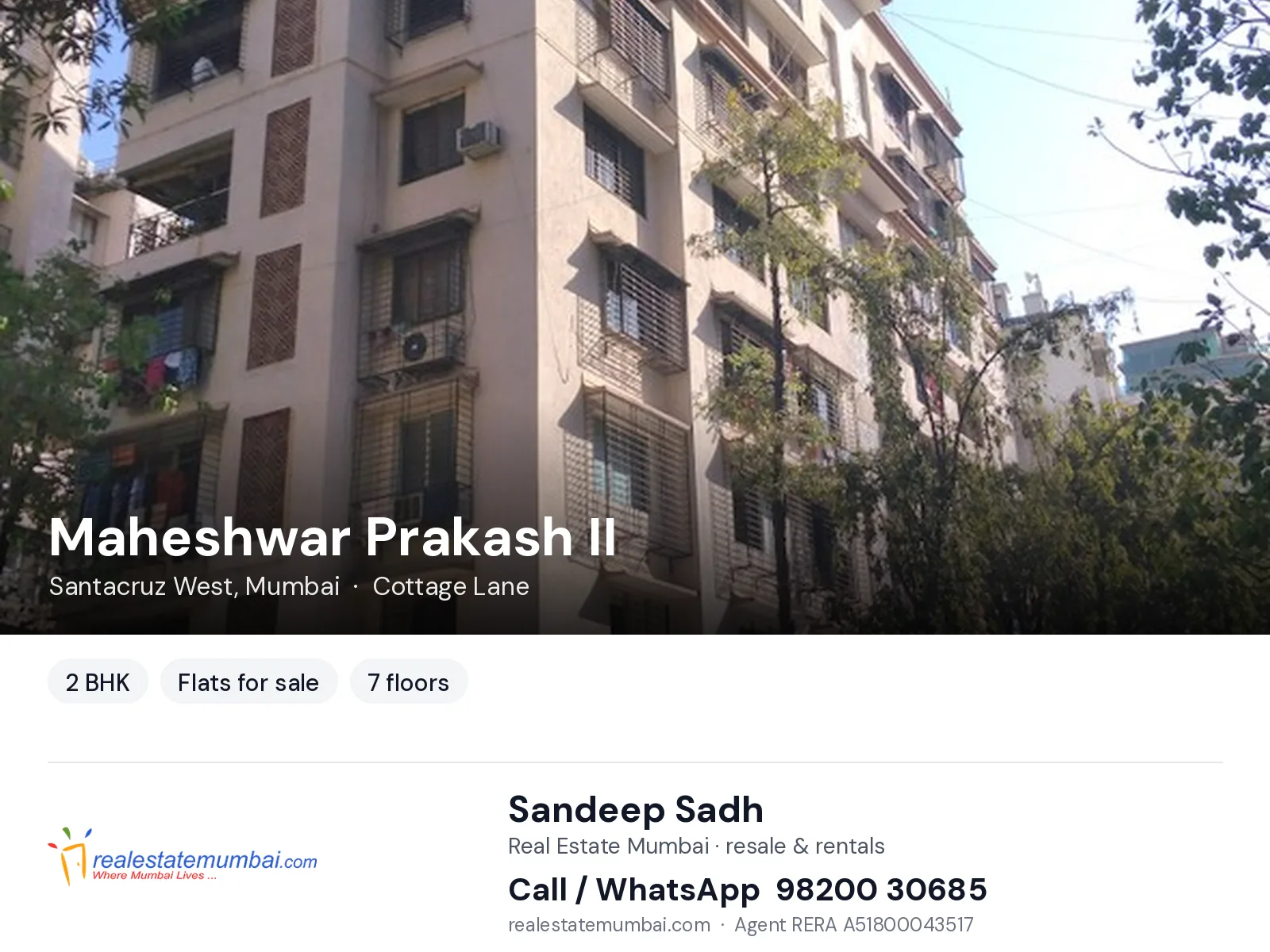 Maheshwar Prakash II, Santacruz West, Mumbai — 2 BHK flats for sale | Real Estate Mumbai, Sandeep Sadh 98200 30685