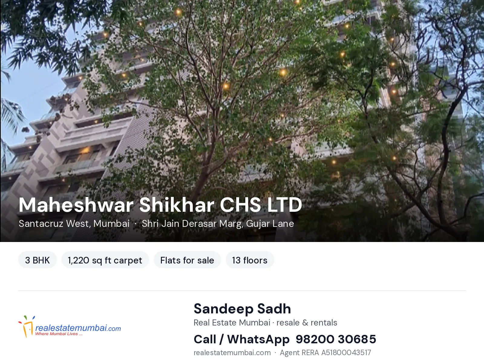 Maheshwar Shikhar CHS LTD, Santacruz West, Mumbai — 3 BHK flats for sale | Real Estate Mumbai, Sandeep Sadh 98200 30685
