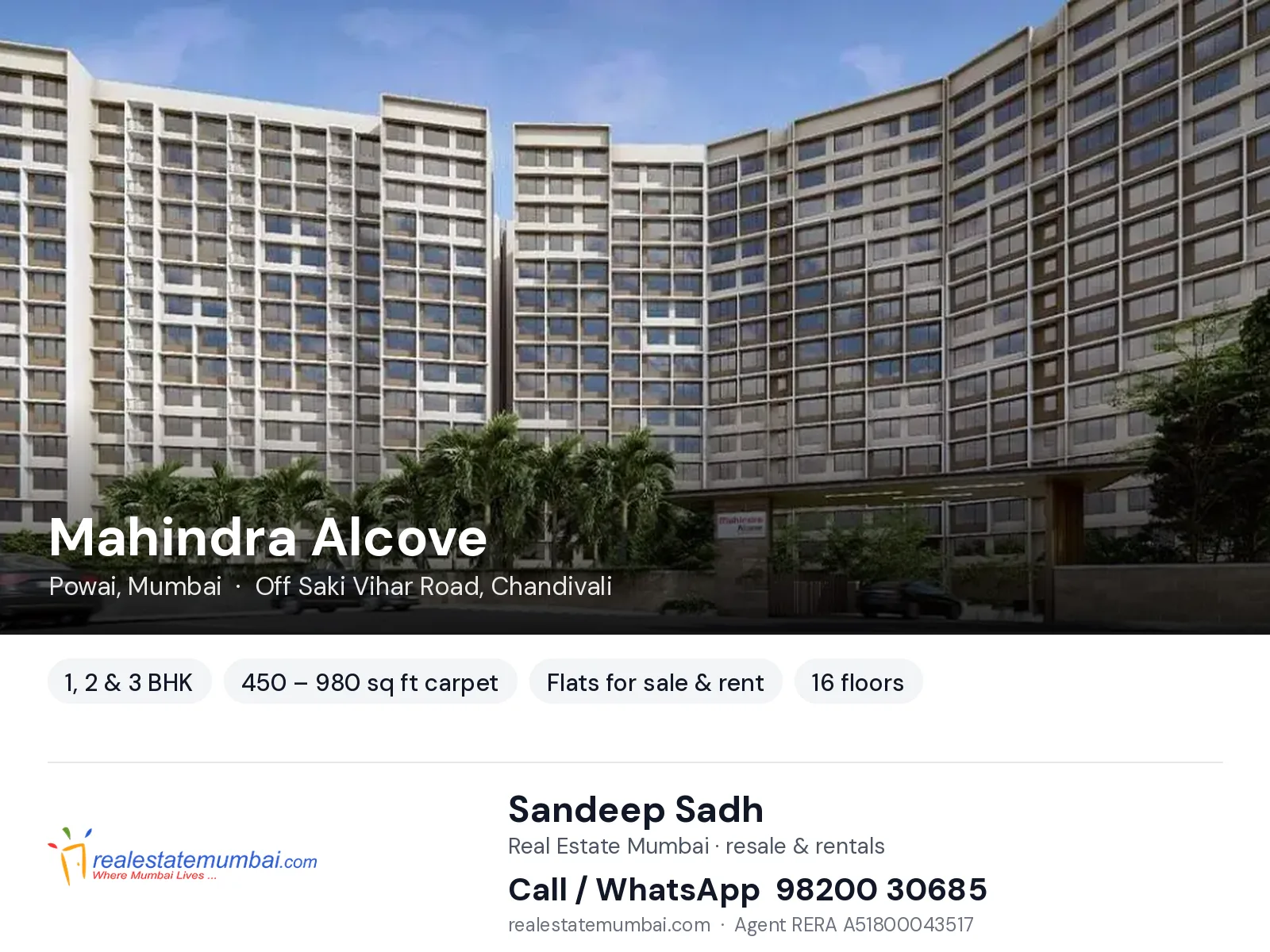 Mahindra Alcove, Powai, Mumbai — 1, 2 & 3 BHK flats for sale & rent | Real Estate Mumbai, Sandeep Sadh 98200 30685