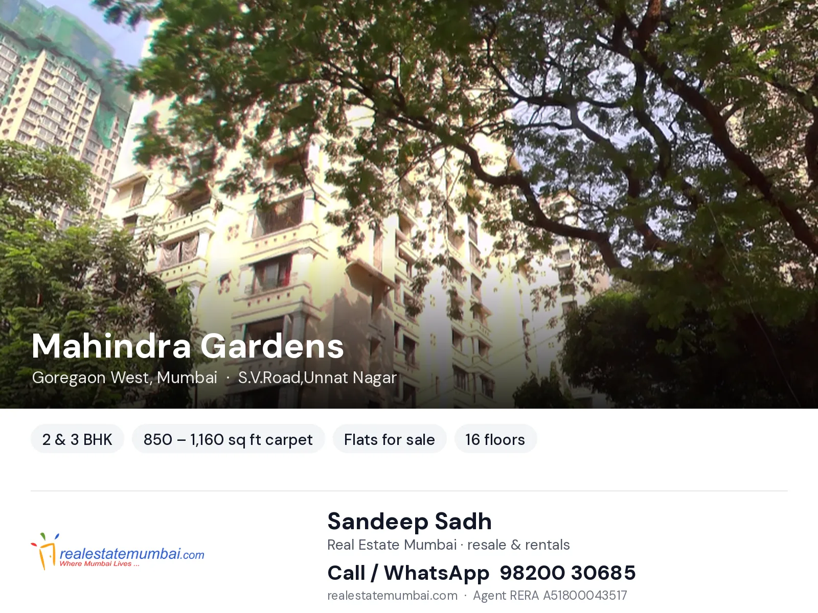 Mahindra Gardens, Goregaon West, Mumbai — 2 & 3 BHK flats for sale | Real Estate Mumbai, Sandeep Sadh 98200 30685