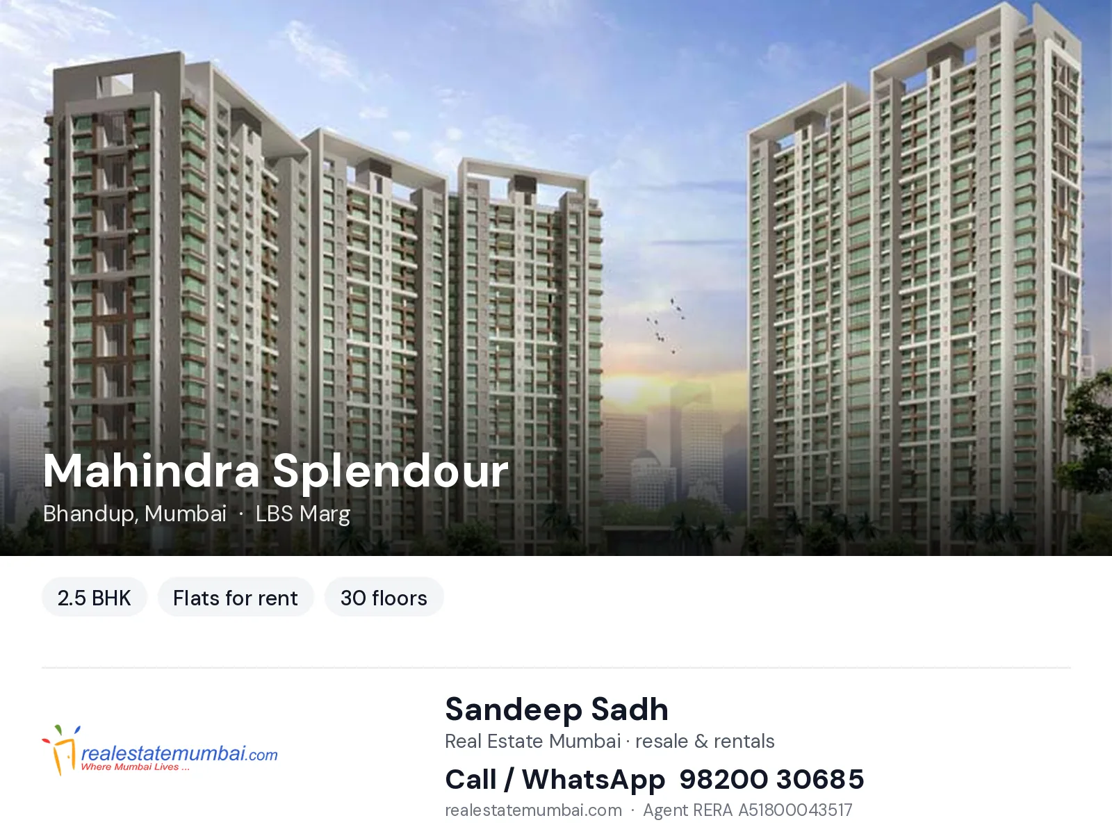 Mahindra Splendour, Bhandup, Mumbai — 2.5 BHK flats for rent | Real Estate Mumbai, Sandeep Sadh 98200 30685