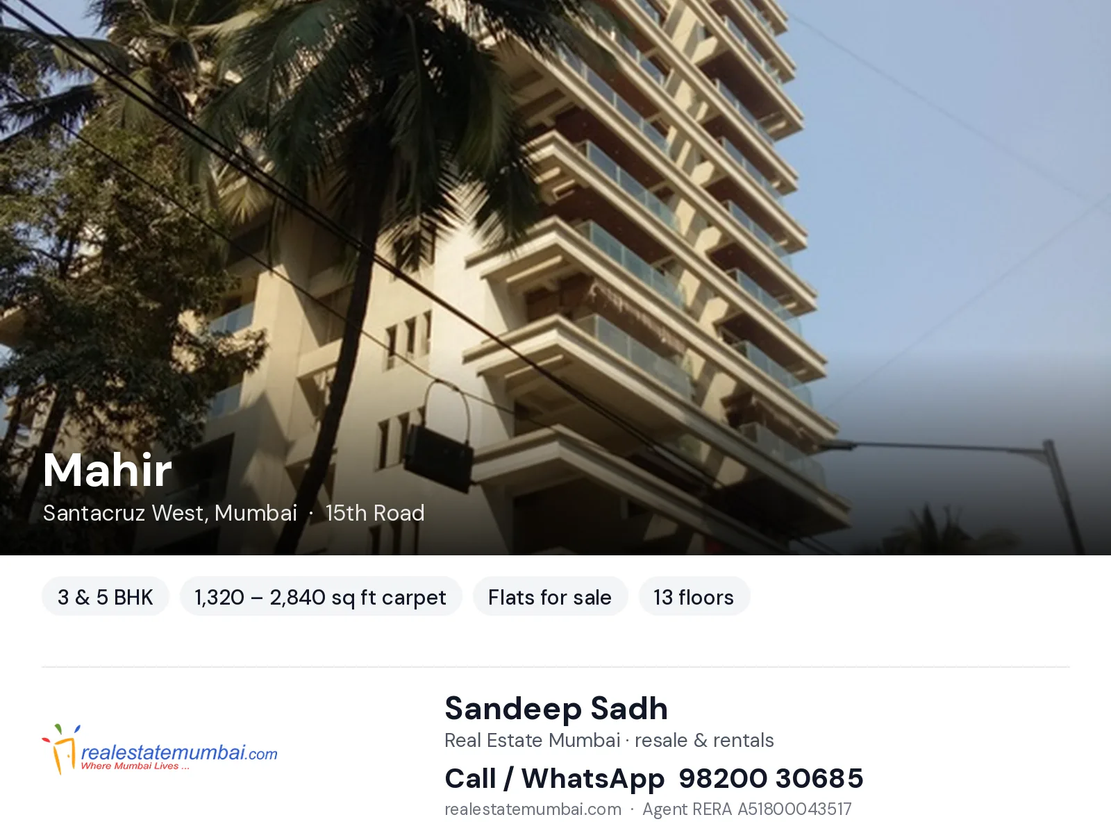 Mahir, Santacruz West, Mumbai — 3 & 5 BHK flats for sale | Real Estate Mumbai, Sandeep Sadh 98200 30685