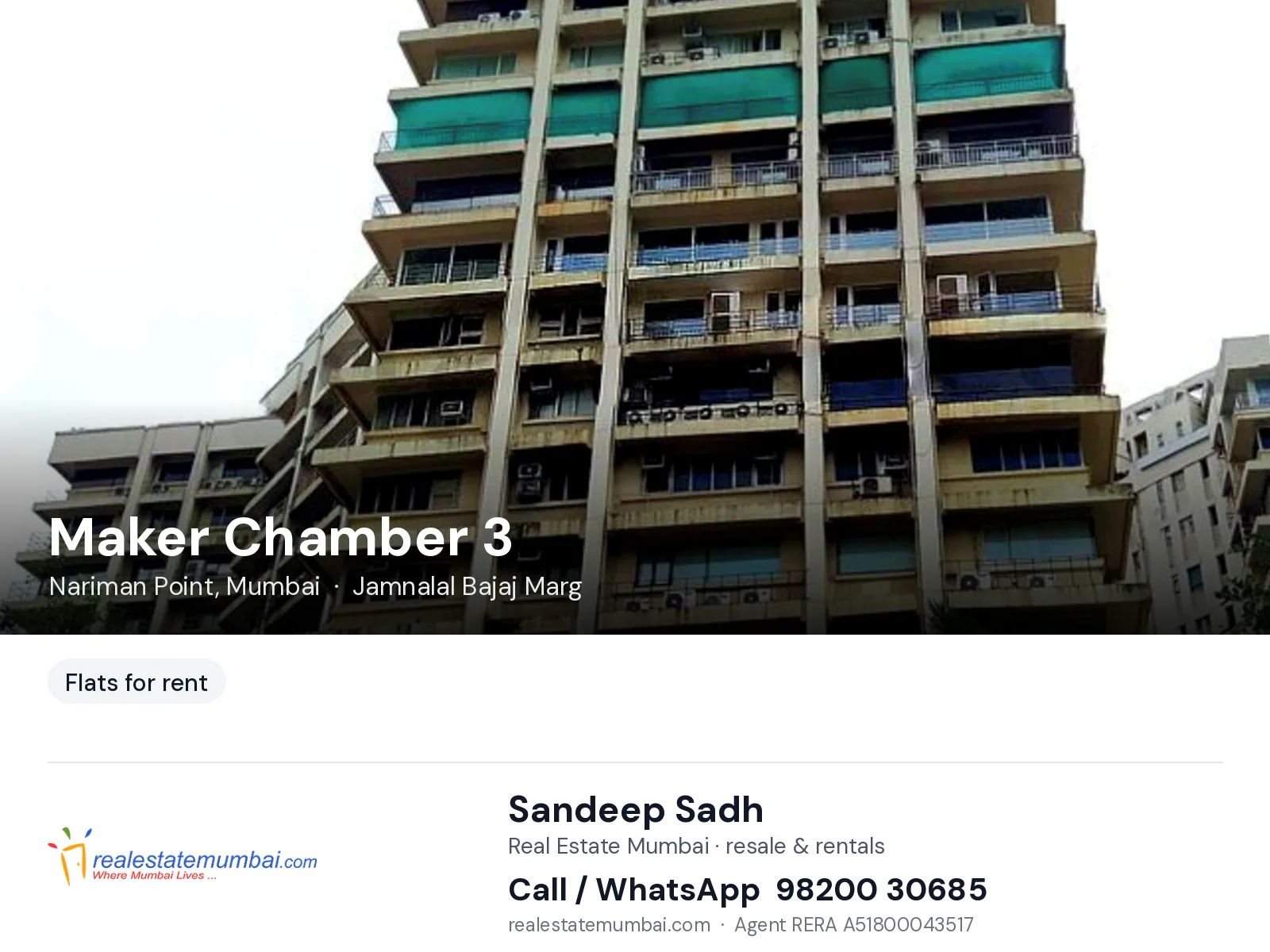 Maker Chamber 3, Nariman Point, Mumbai — flats for rent | Real Estate Mumbai, Sandeep Sadh 98200 30685
