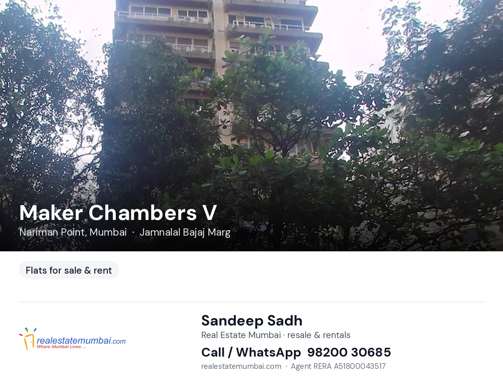 Maker Chambers V, Nariman Point, Mumbai — flats for sale & rent | Real Estate Mumbai, Sandeep Sadh 98200 30685