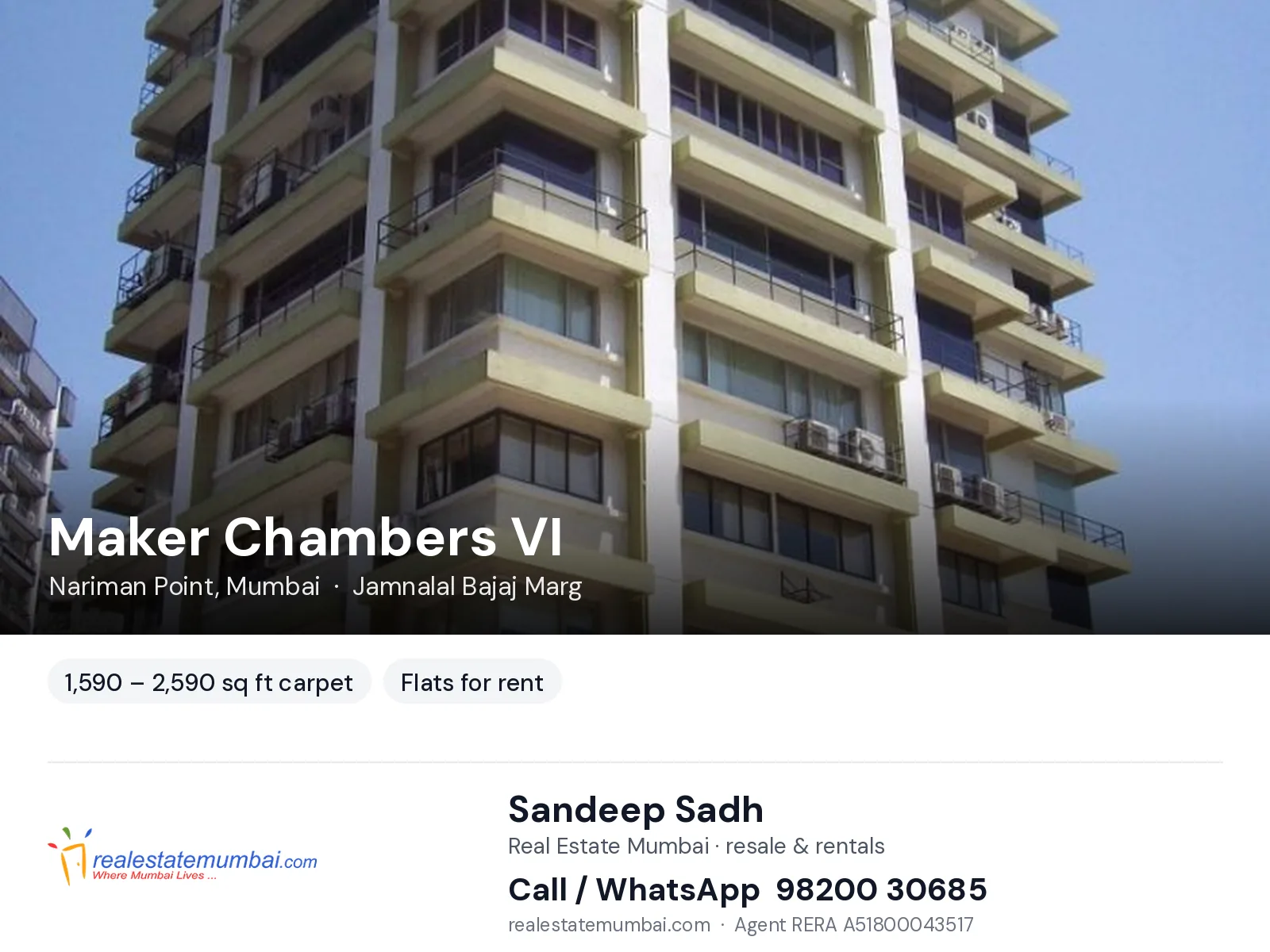 Maker Chambers VI, Nariman Point, Mumbai — flats for rent | Real Estate Mumbai, Sandeep Sadh 98200 30685