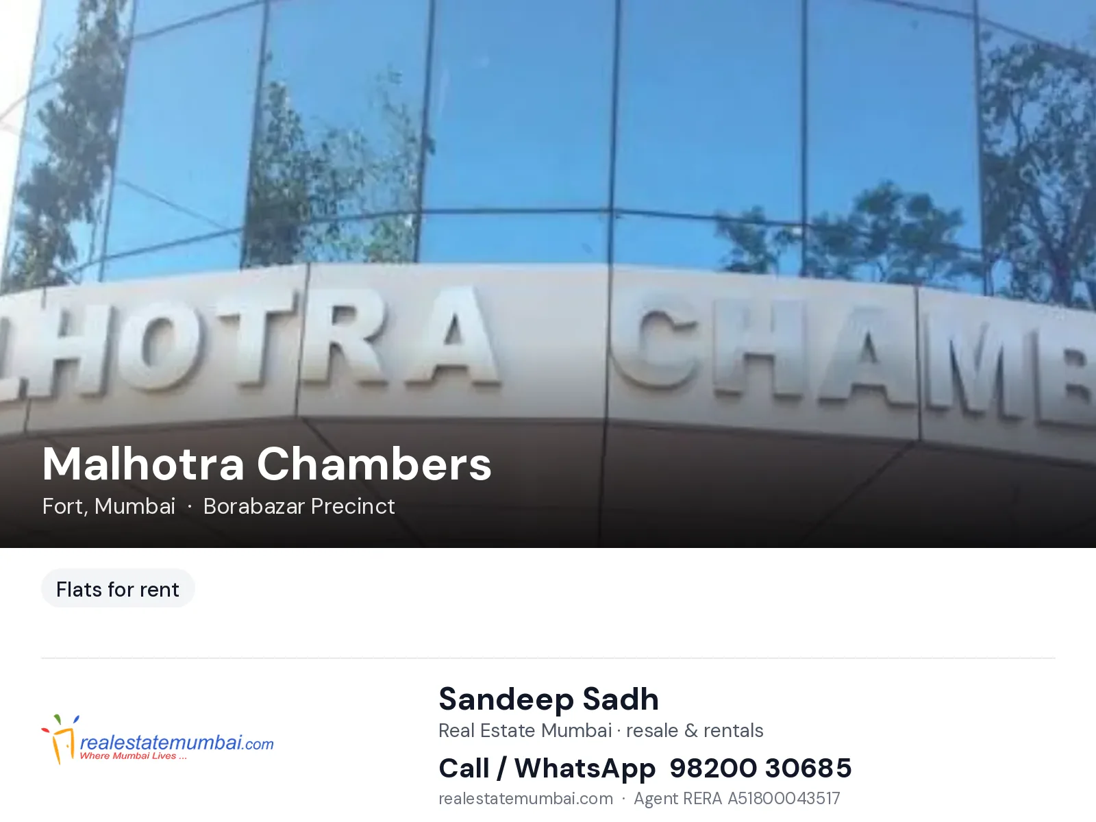 Malhotra Chambers, Fort, Mumbai — flats for rent | Real Estate Mumbai, Sandeep Sadh 98200 30685